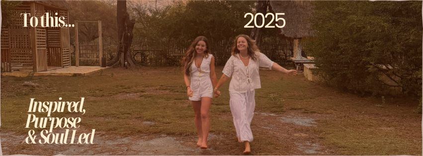 Two women walking hand-in-hand outdoors, smiling, surrounded by trees and a wooden fence, with text overlay including "To this... 2025" and "Inspired, Purpose & Soulled".