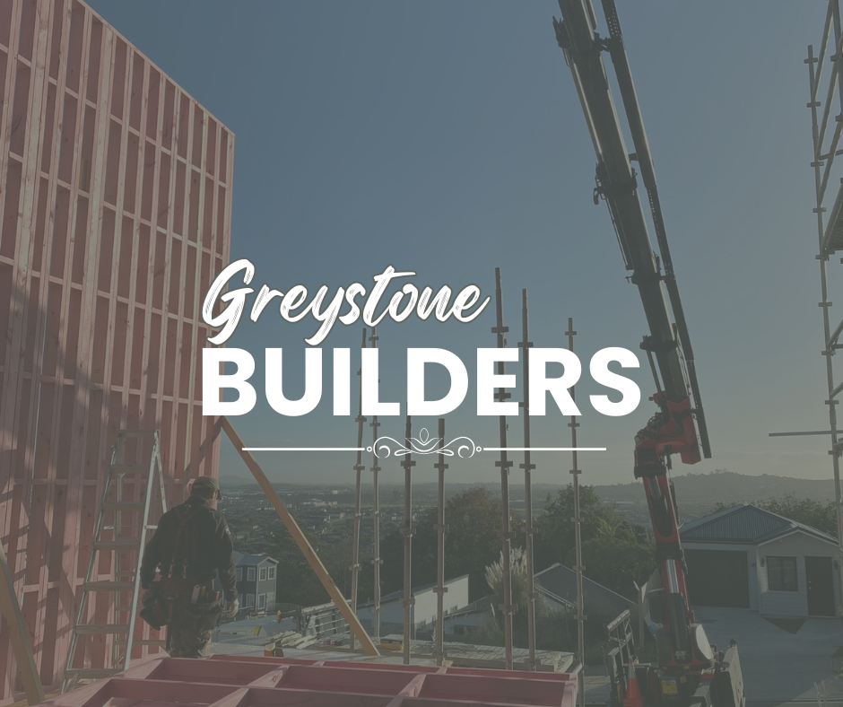 Construction site with scaffolding, crane, and workers building a structure, with the text ‘Greystone Builders’ overlayed.