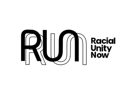 Black and white logo with the word 'RUN' in large stylized letters and 'Racial Unity Now' written next to it.