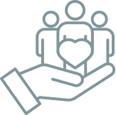 Illustration of a hand holding a heart with three people icons in the background, symbolizing care or support.