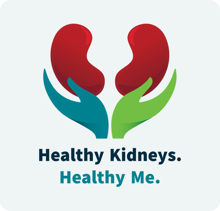 Illustration of two kidneys held by two hands, one blue and one green, with text saying "Healthy Kidneys. Healthy Me."