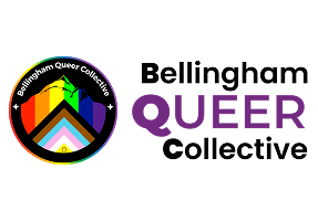 Logo for Bellingham Queer Collective featuring a colorful, stylized rainbow with a person raising their arms, encircled by the group's name.
