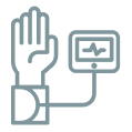 Outlined illustration of a hand raised with a sensor or device connected, displaying a heartbeat monitor