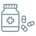 Illustration of a medicine bottle with a medical cross and two pills.