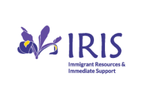 Logo for IRIS Immigrant Resources & Immediate Support featuring a purple iris flower.