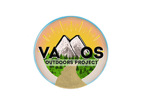 Logo for Vatos Outdoors Project featuring mountains, a trail, green landscape, and sun rays
