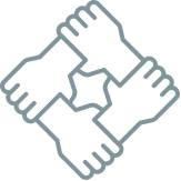 Four hands joined together in a square formation, symbolizing teamwork or unity.