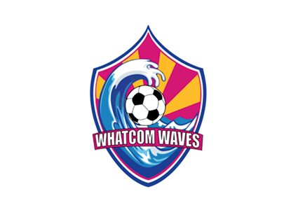 Logo of Whatcom Waves featuring a wave, a soccer ball, and a shield with stripes in blue, pink, and yellow.