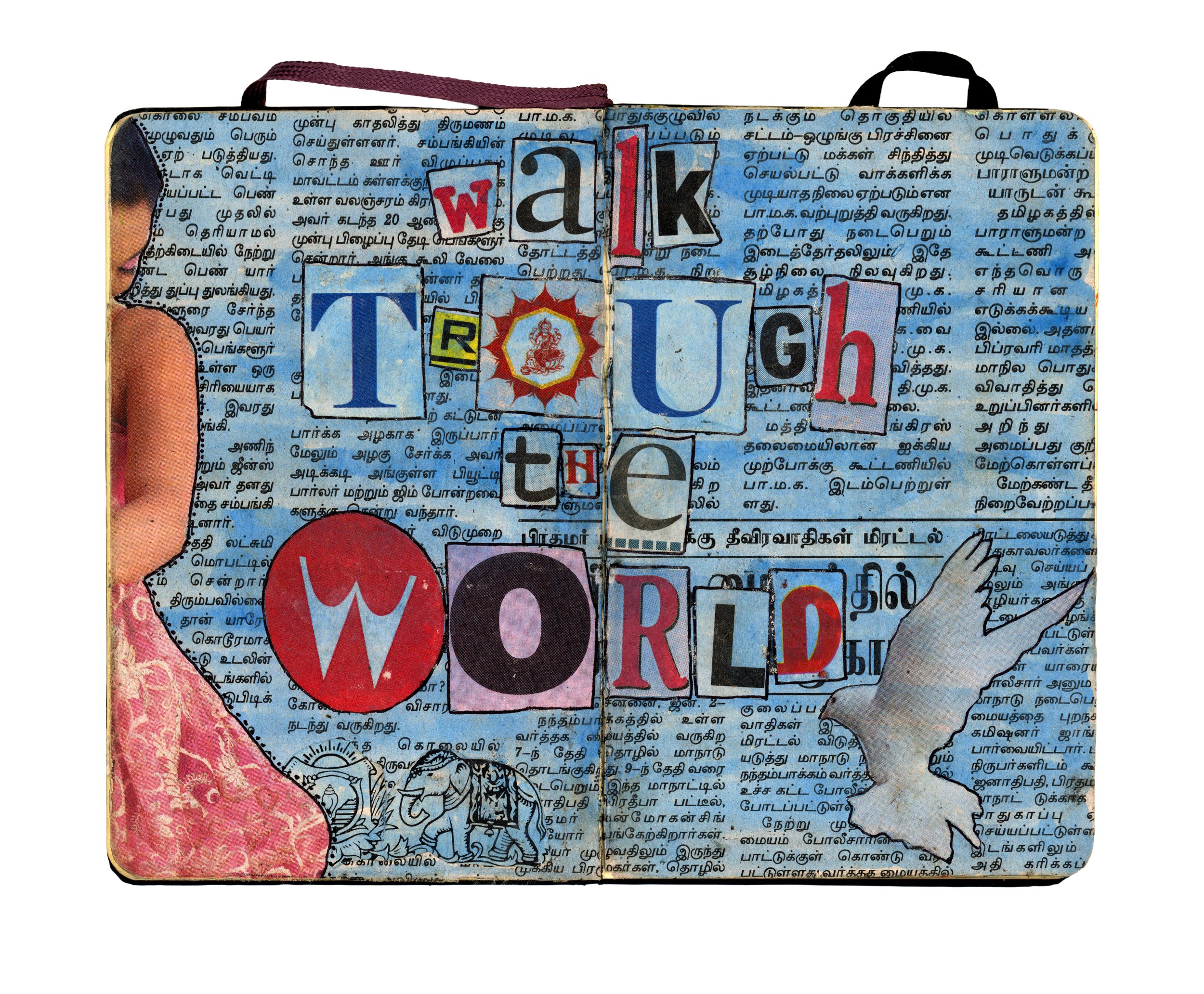 A collage with a background of Tamil script, featuring cut-out letters spelling "walk through the word" with various colors and fonts, a partial image of a woman's face on the left, a dove on the right, and small illustrations of elephants and decora