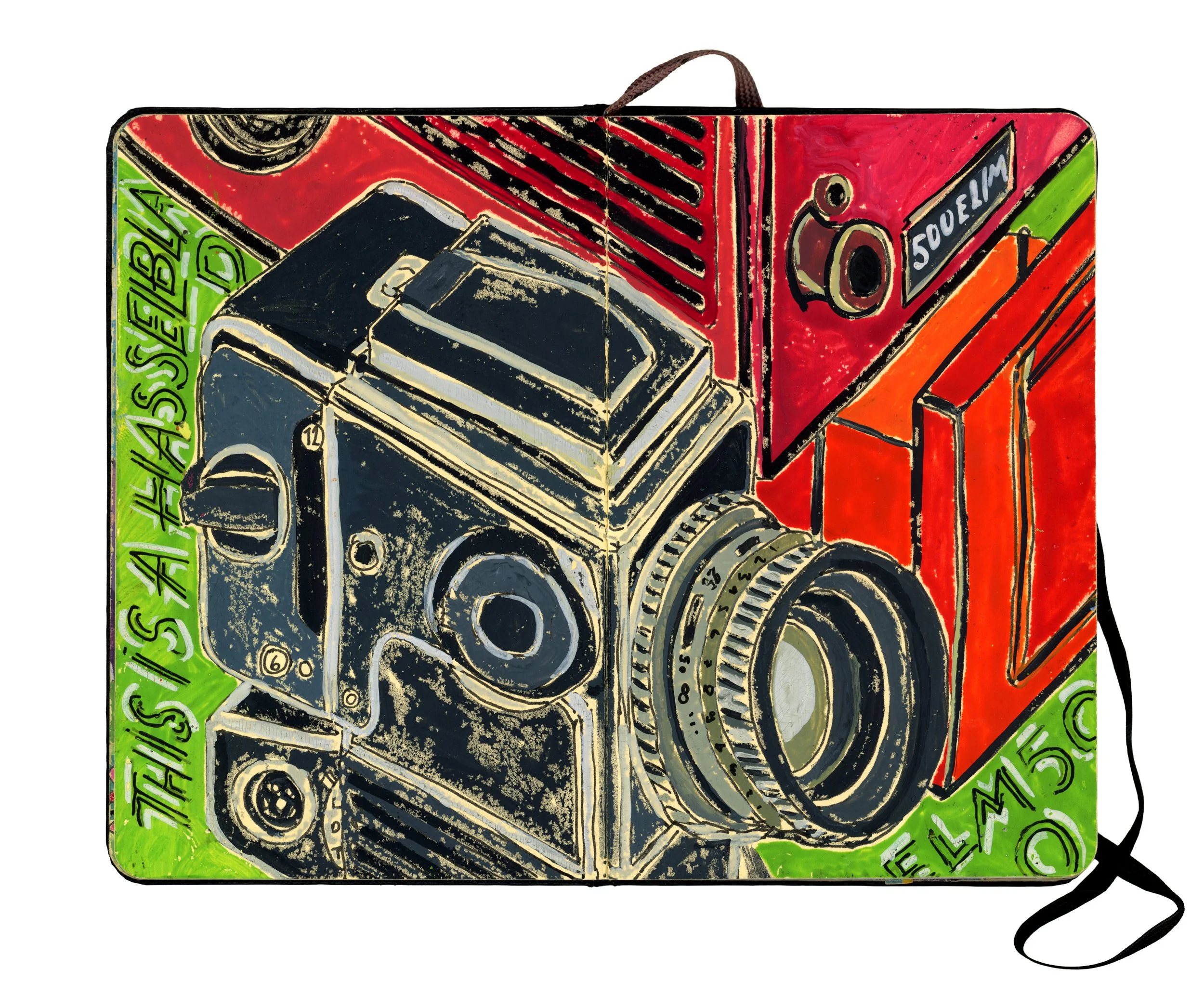 Colorful artistic illustration of a vintage camera with a red, green, and black background, featuring handwritten text and details.