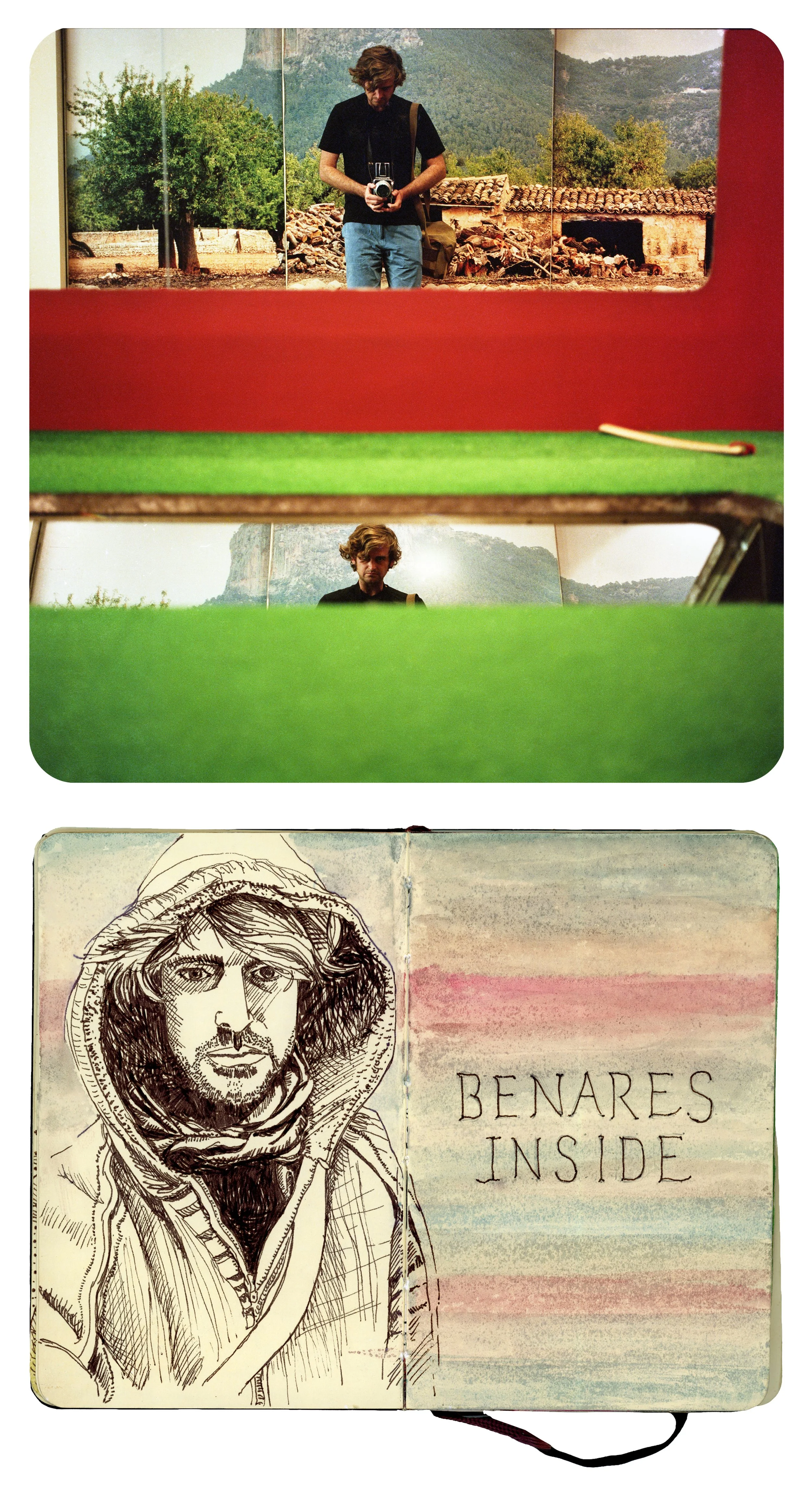 A reflection of a young man taking a photo of himself in a mirror, with a scenic mountain background, seen through a cutout in a colorful object, possibly a game or display, and a sketch of a man in a hoodie with the words 'BENA RES INSIDE' on a pastel-colored background.