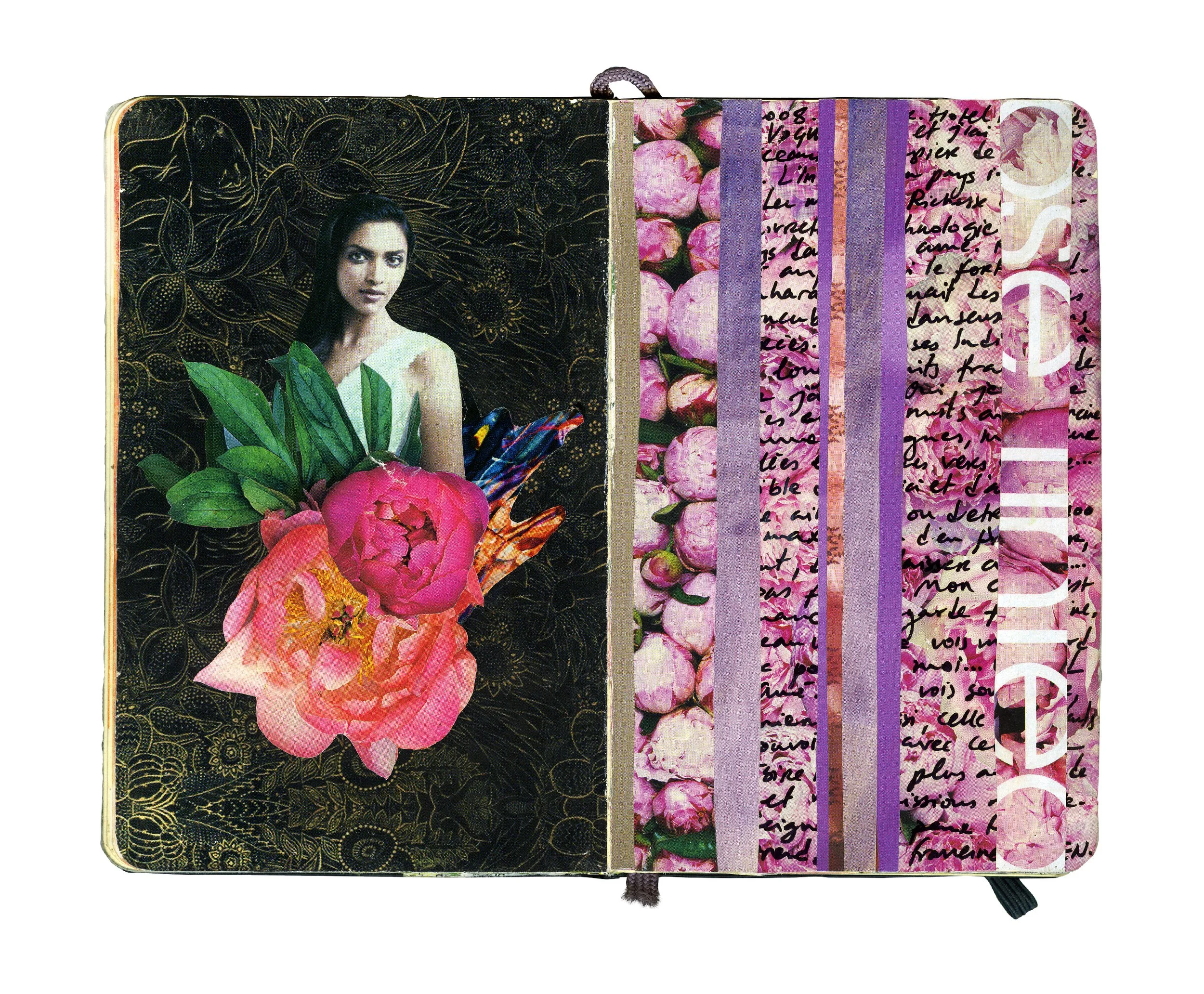 An open journal with collage art on both pages. The left page features a woman with dark hair, floral elements, and a dark ornate background. The right page has pink flowers overlaid with purple strips, handwritten cursive text, and the word 'LOVE' s