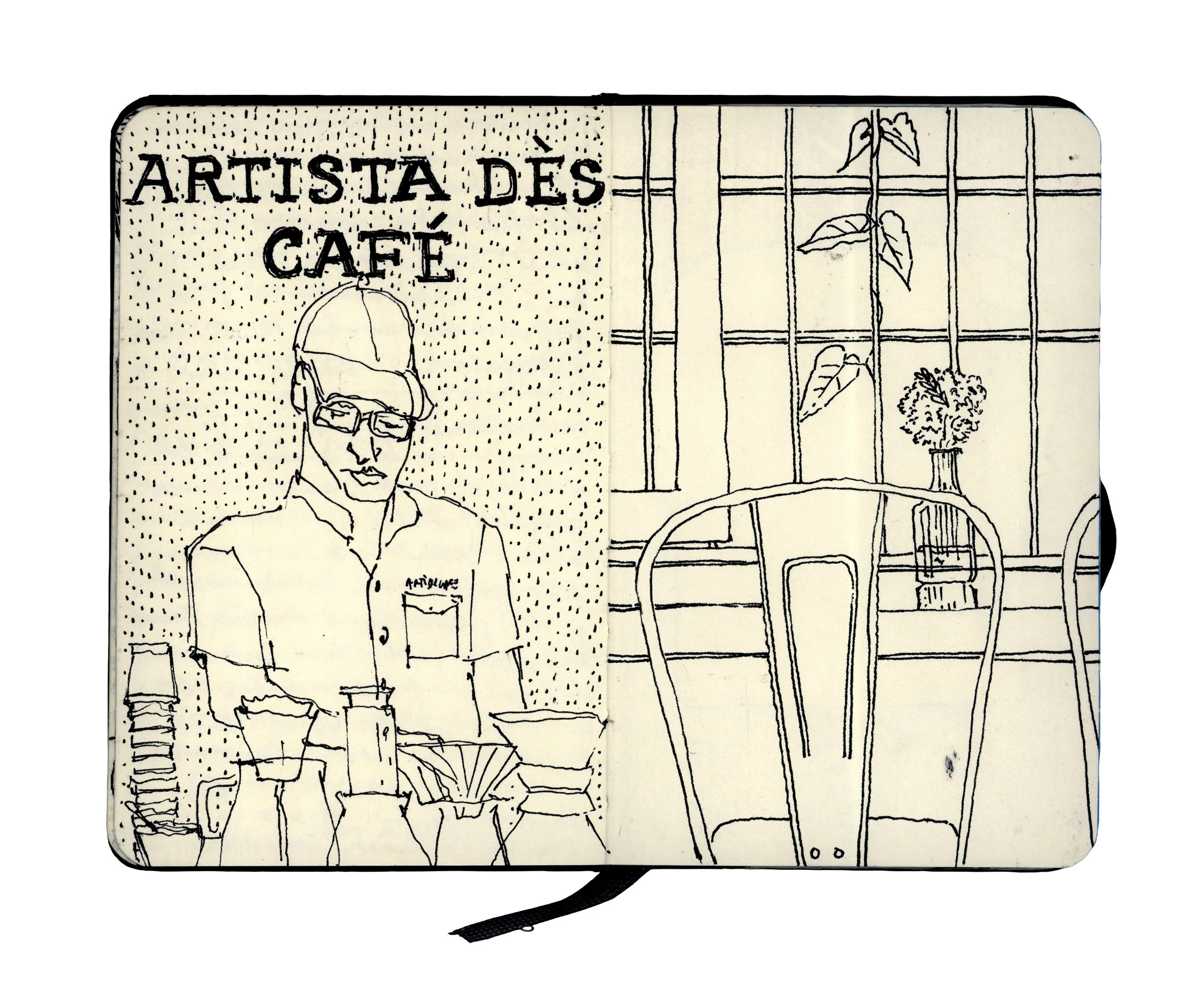 Travel Book from Guatemala, Hand-drawn sketch of a sign that reads 'ARTISTA DES CAFÉ' with a partial illustration of a person and cafe elements.