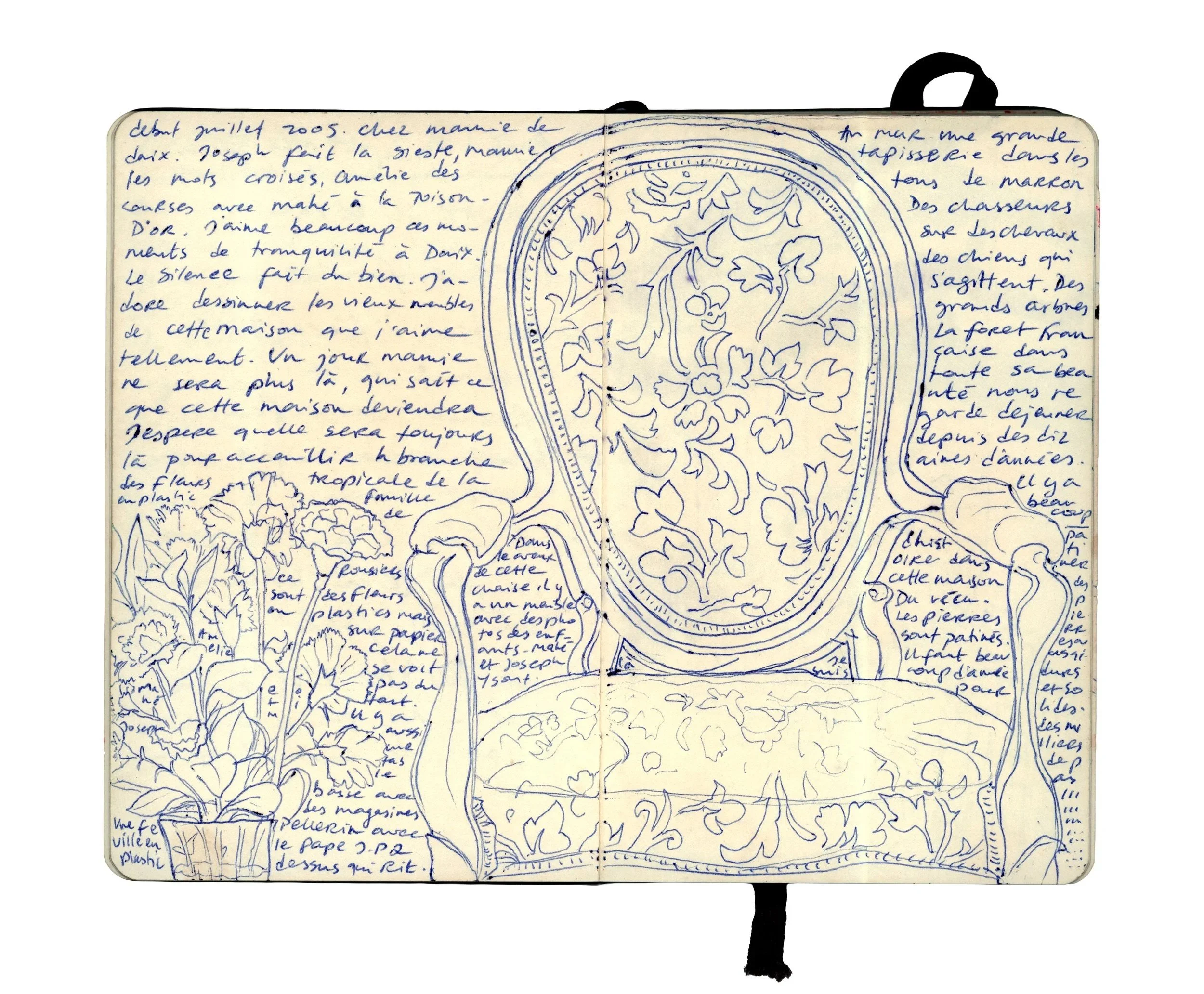A handwritten journal with sketches of a mirror and a vase of flowers. The mirror has intricate floral designs, and there are notes in French around the drawings.