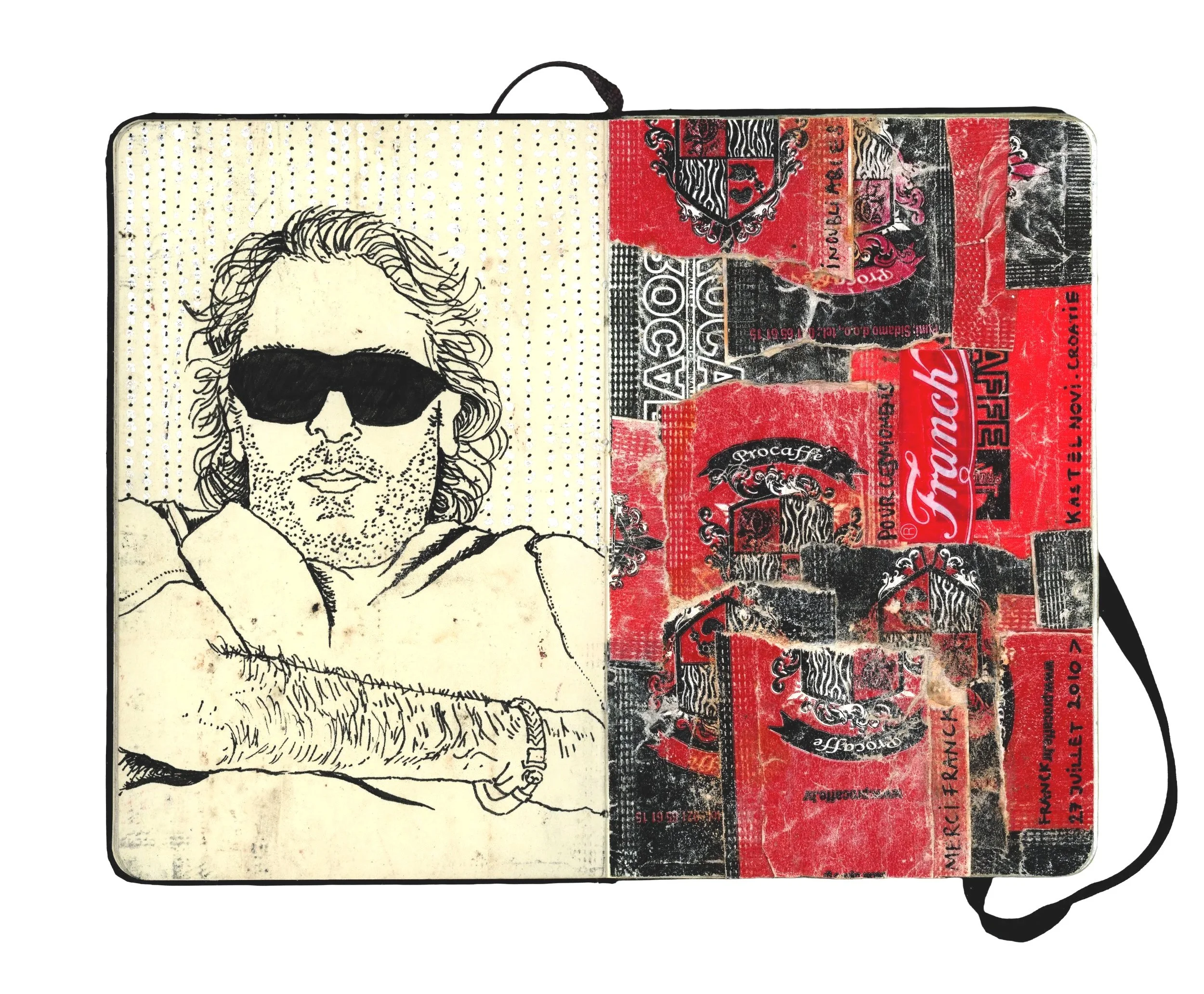 A sketch of a Film Director Franck Mate Alfirevic Aharonian with wavy hair, sunglasses, and a beard, accompanied by collage-style graphics with red, black, and white colors, featuring logos and text.