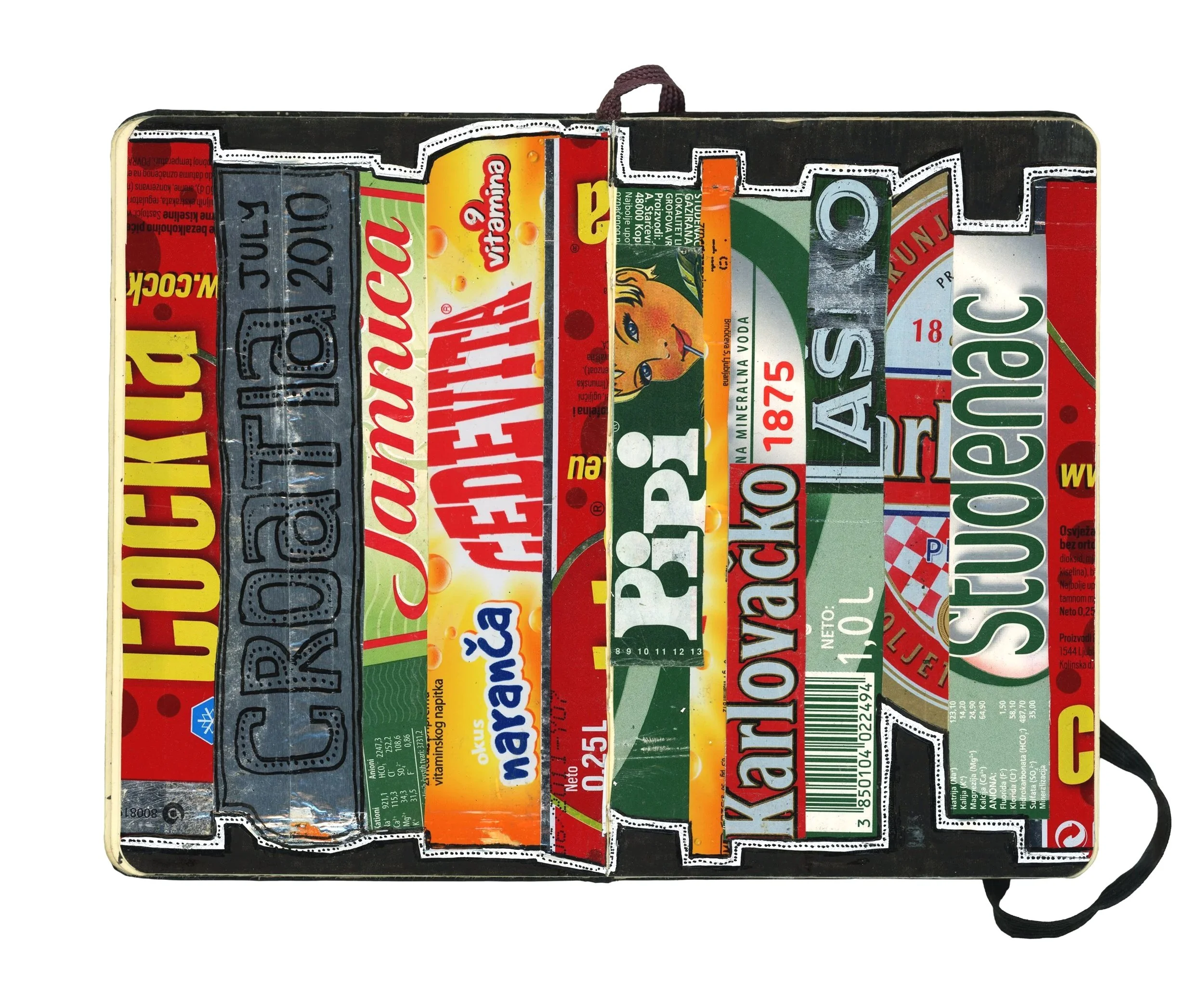 Collection of various Croatian and European product labels and packaging on a black fabric background with a black strap handle.