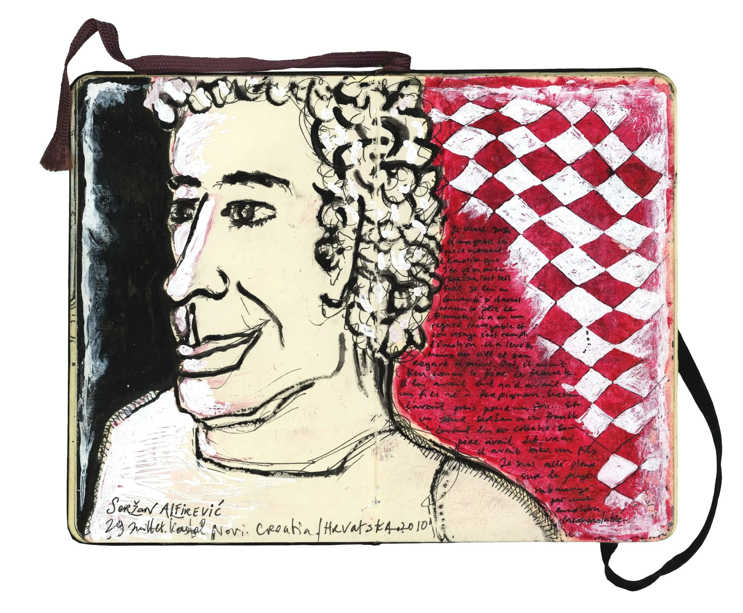 An illustrated sketch of a smiling woman with curly hair, with handwritten notes and a red and white patterned background on the right side.