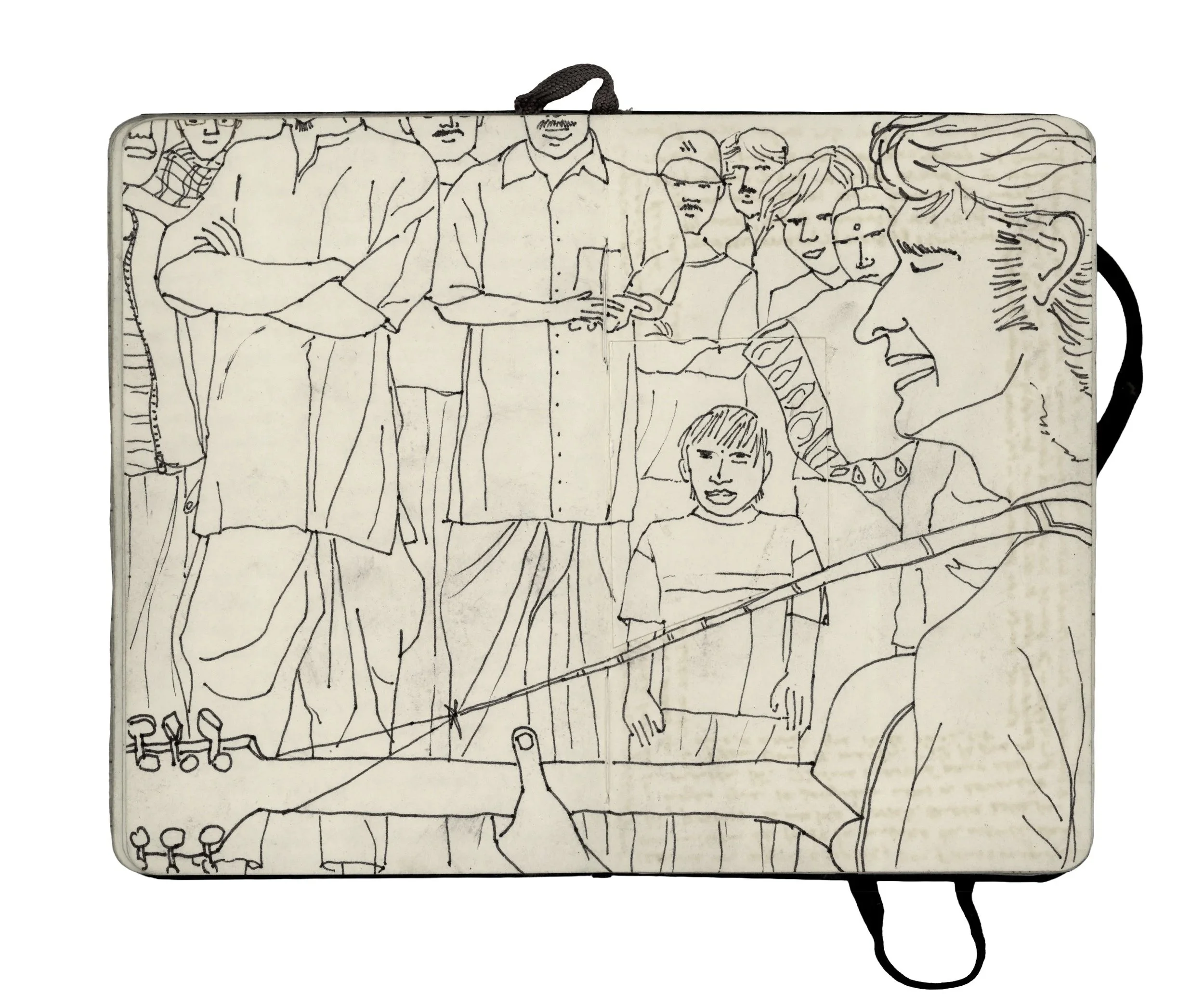 Line drawing of a Vincent Montocchio self portrait playing guitar and singing to a group of people in Calcutta, including a young girl, with the audience smiling and listening.