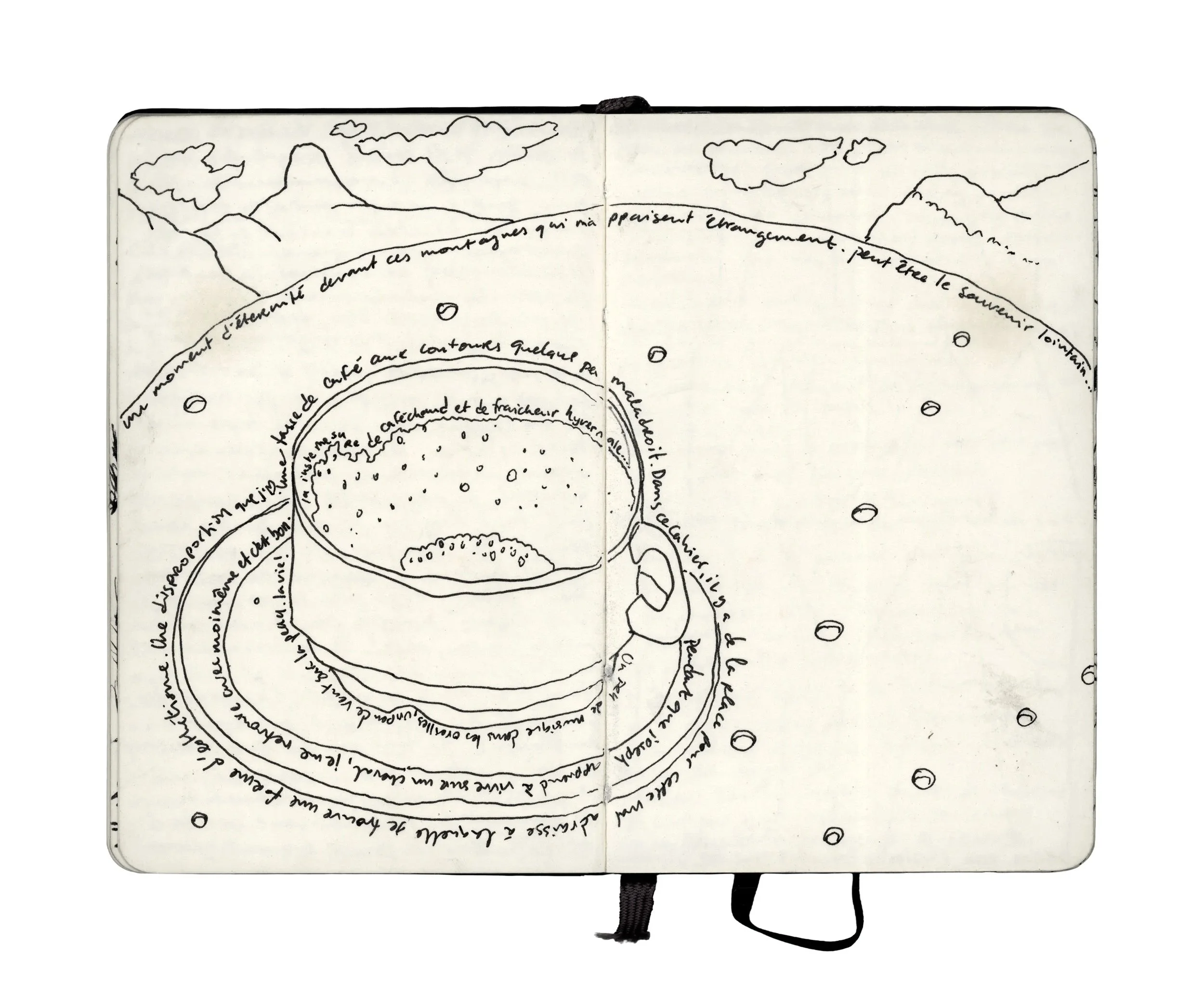 A sketch of a coffee cup with froth, surrounded by handwritten descriptions in French, with mountains and clouds in the background.