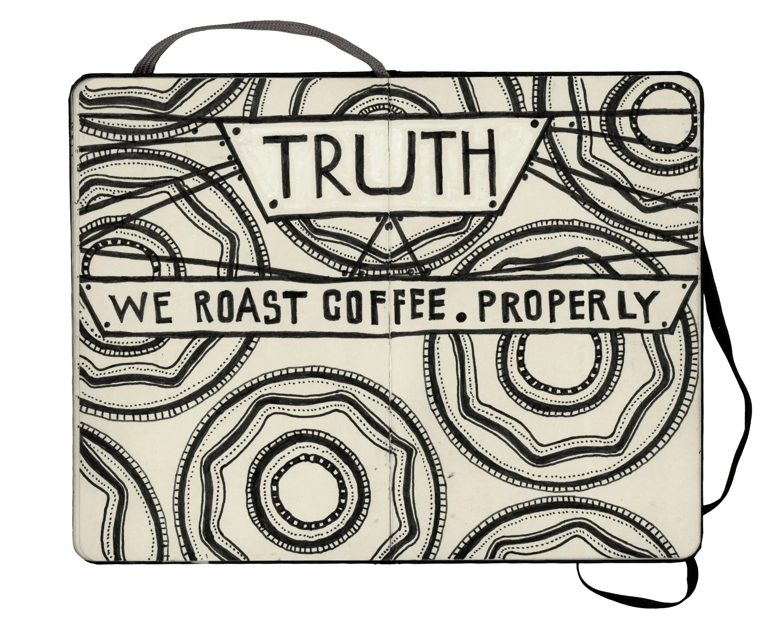 A black and white illustrated portable sign or poster with the word "TRUTH" in the center, surrounded by circular and line patterns. Below it, a banner reads "WE ROAST COFFEE PROPERLY."