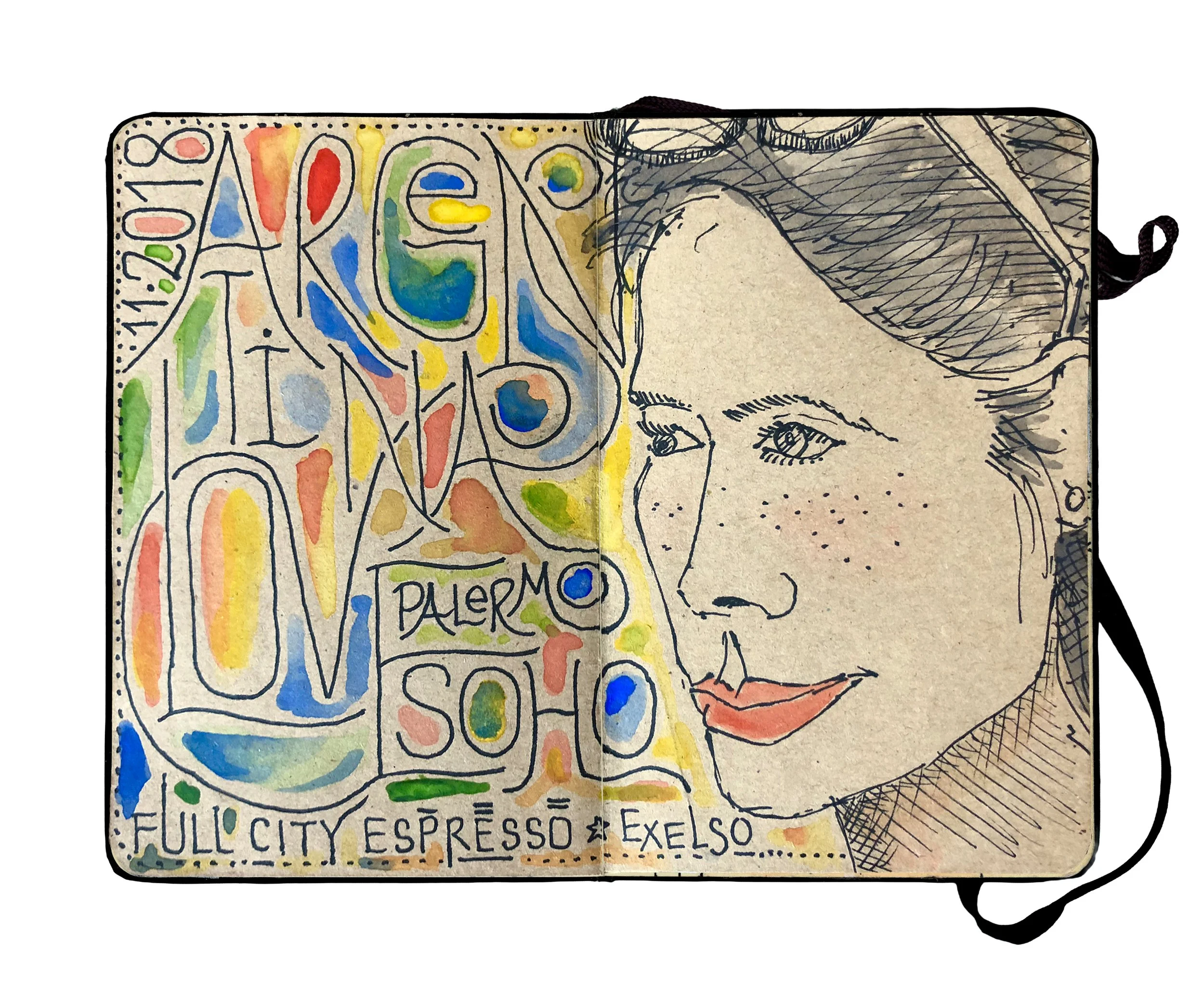 Travel Book, Half of a sketchbook page with a detailed black ink drawing of a woman’s face on the right and colorful abstract lines and shapes on the left, including the words 'FULL CITY ESPRESSO & EXELSO' at the bottom.