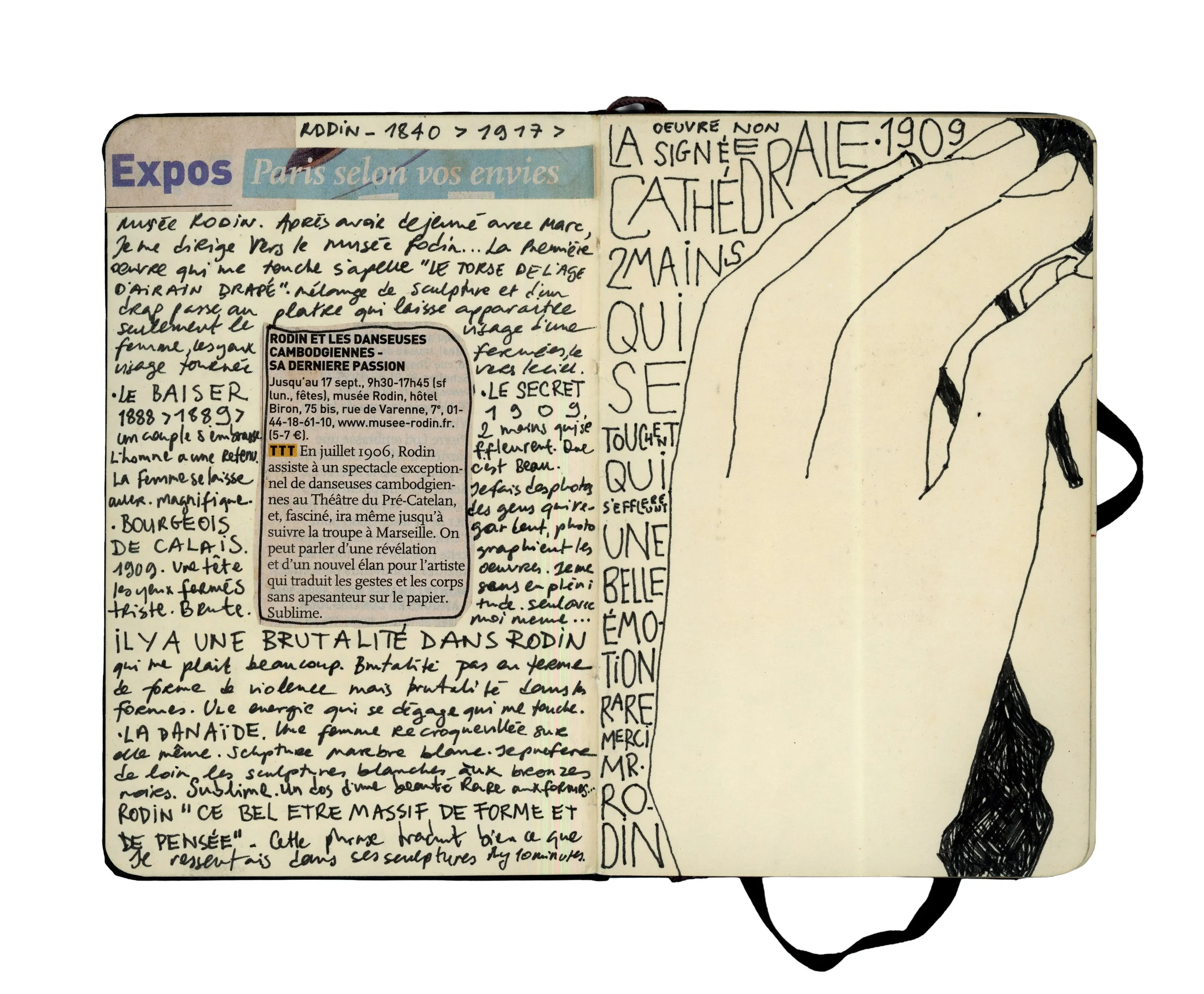 A page in a notebook with handwritten notes in French, stickers about expositions and a drawing of a hand on the right side.