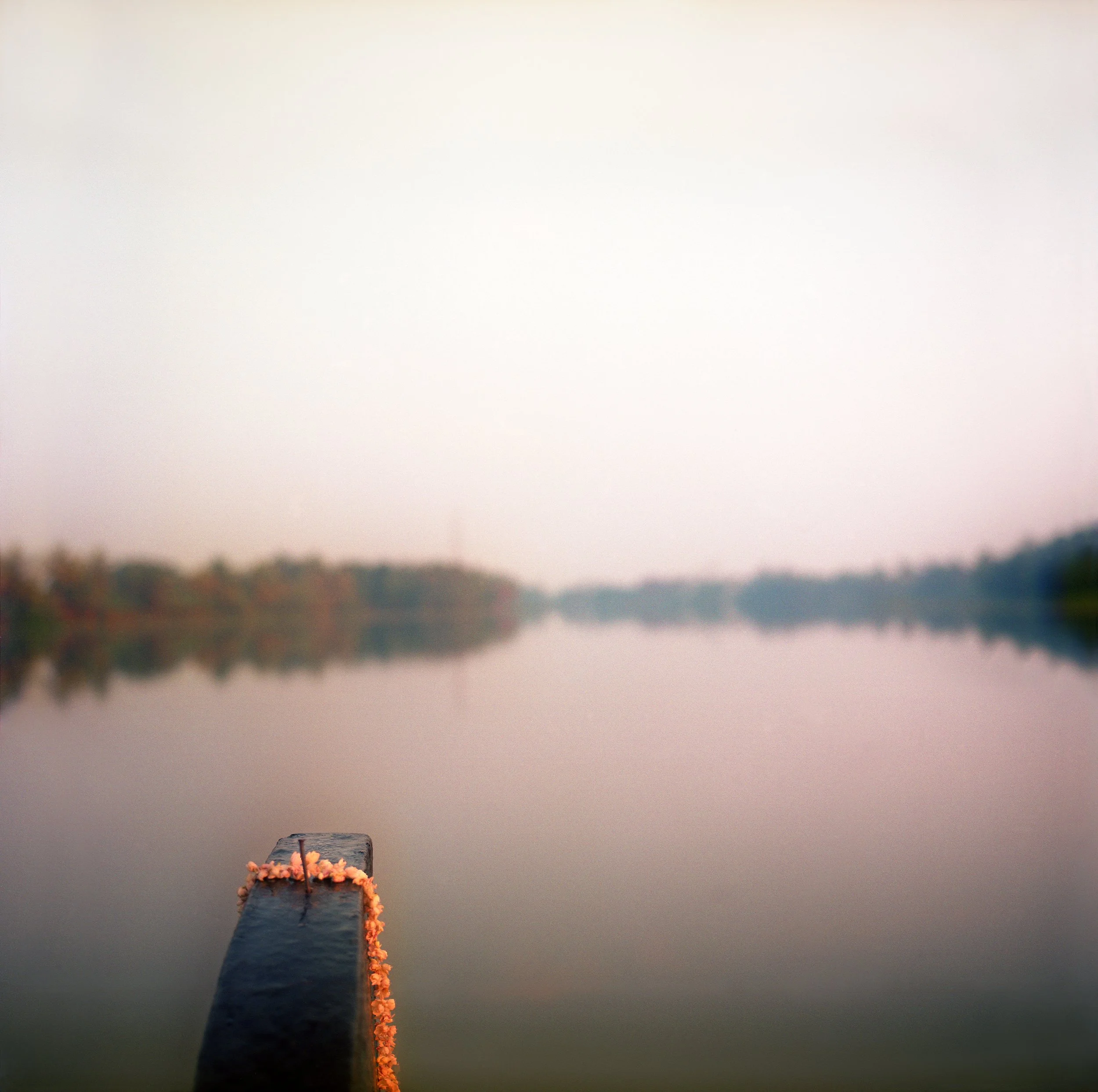 In Kerala backwaters, Indian, Close-up view of the front of a boat, set against a cloudy sky over a body of water with a forested shoreline.