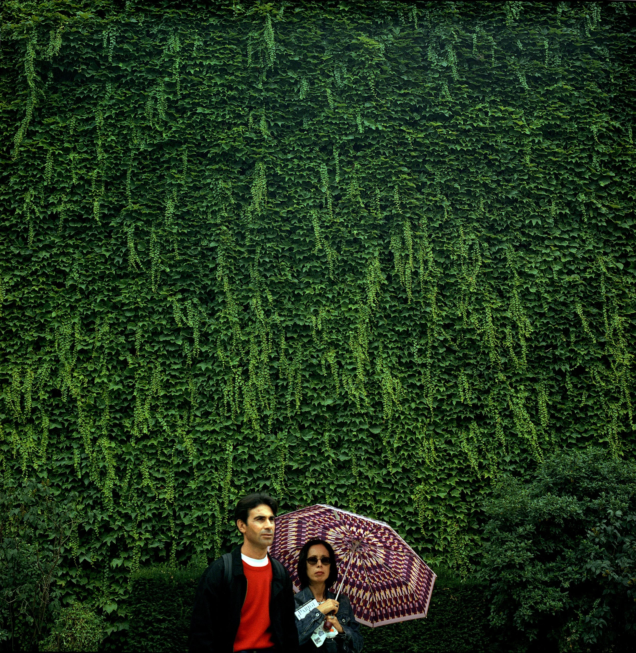 In Paris, France, A man and a woman walk in front of a large green ivy-covered wall. The woman is holding a patterned umbrella and wearing sunglasses.