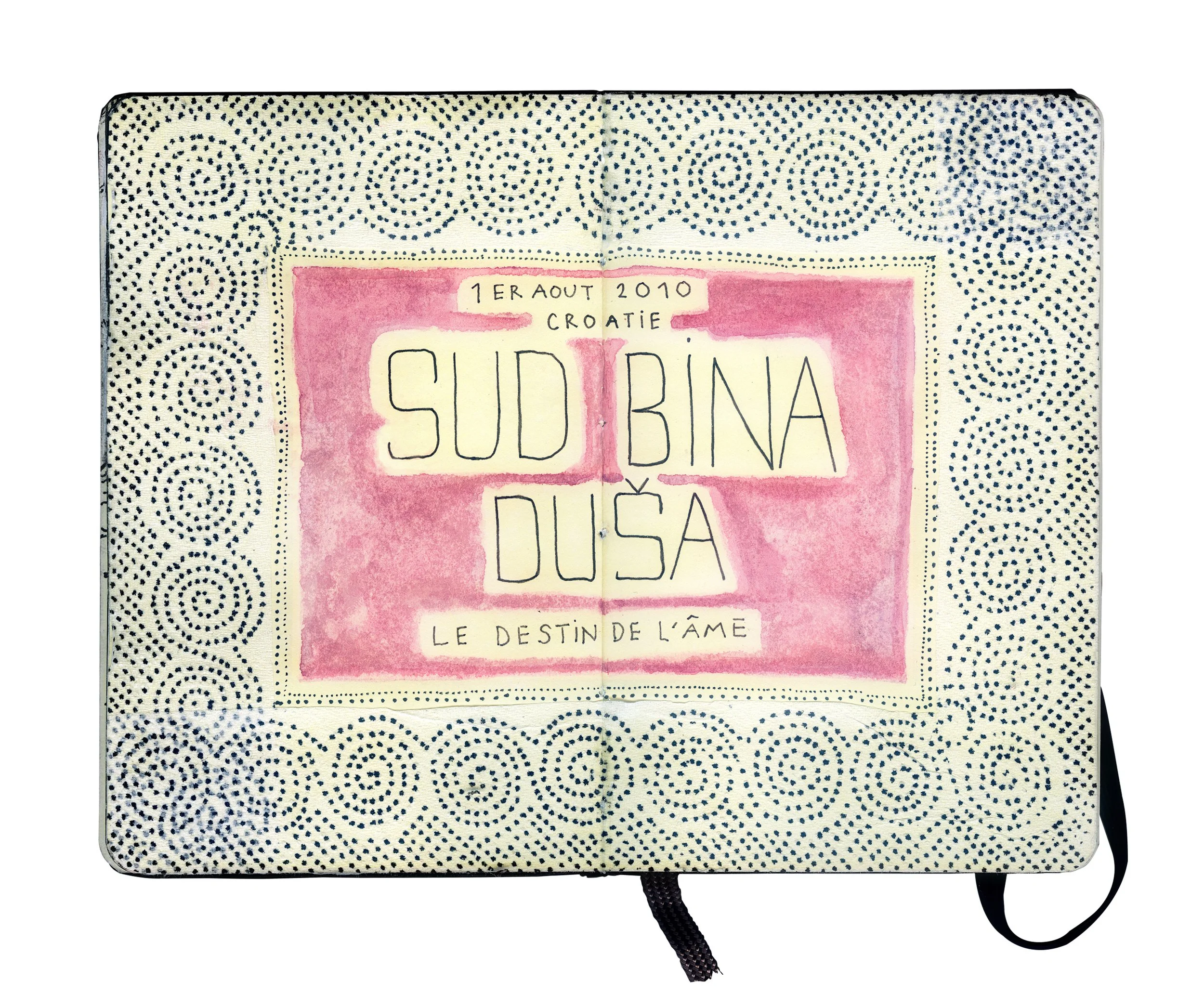 Open notebook with a colorful hand-drawn map of Croatia, featuring the words "Sudina Duša," and decorative pencil dots along the borders.