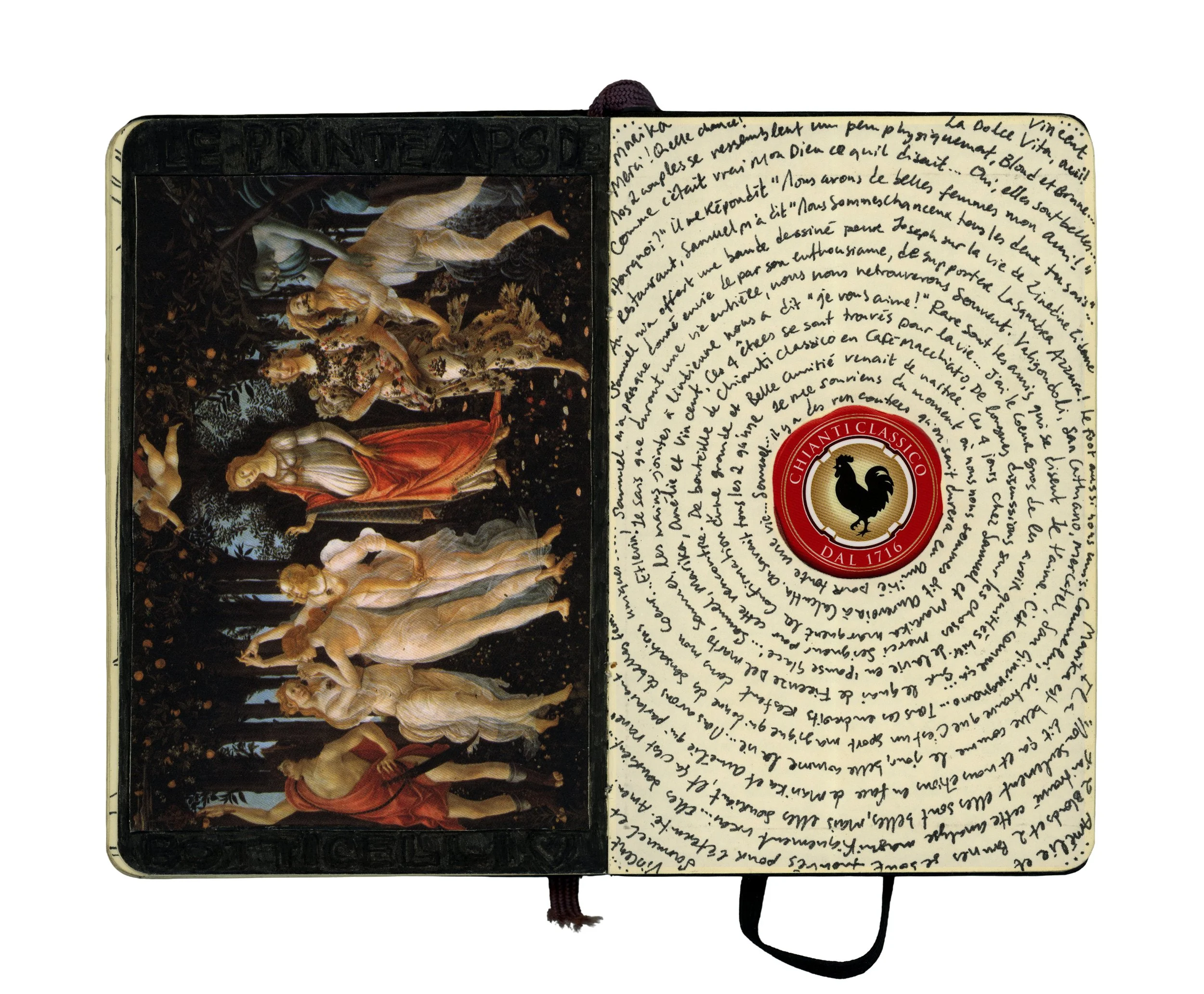 Open notebook with handwritten text on right page and a classic art painting on the left page, featuring several figures in classical attire in a natural setting, with a prominent red and gold Chianti Classico logo on the right page.