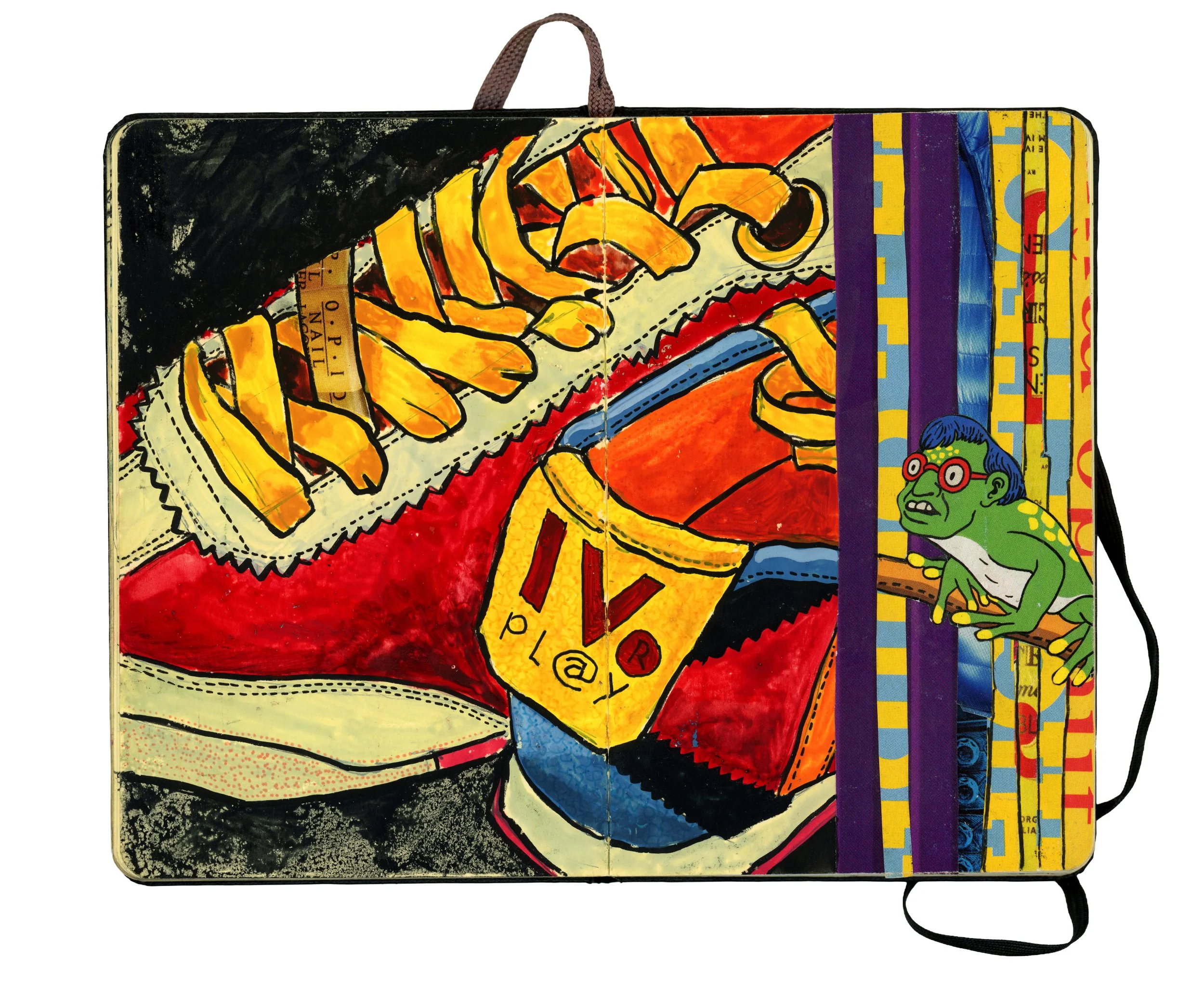 A colorful, abstract painting on a notebook cover depicting a pair of red sneakers with yellow laces, a gold watch, and cartoonish illustrations including a green frog wearing glasses and a blue wig.
