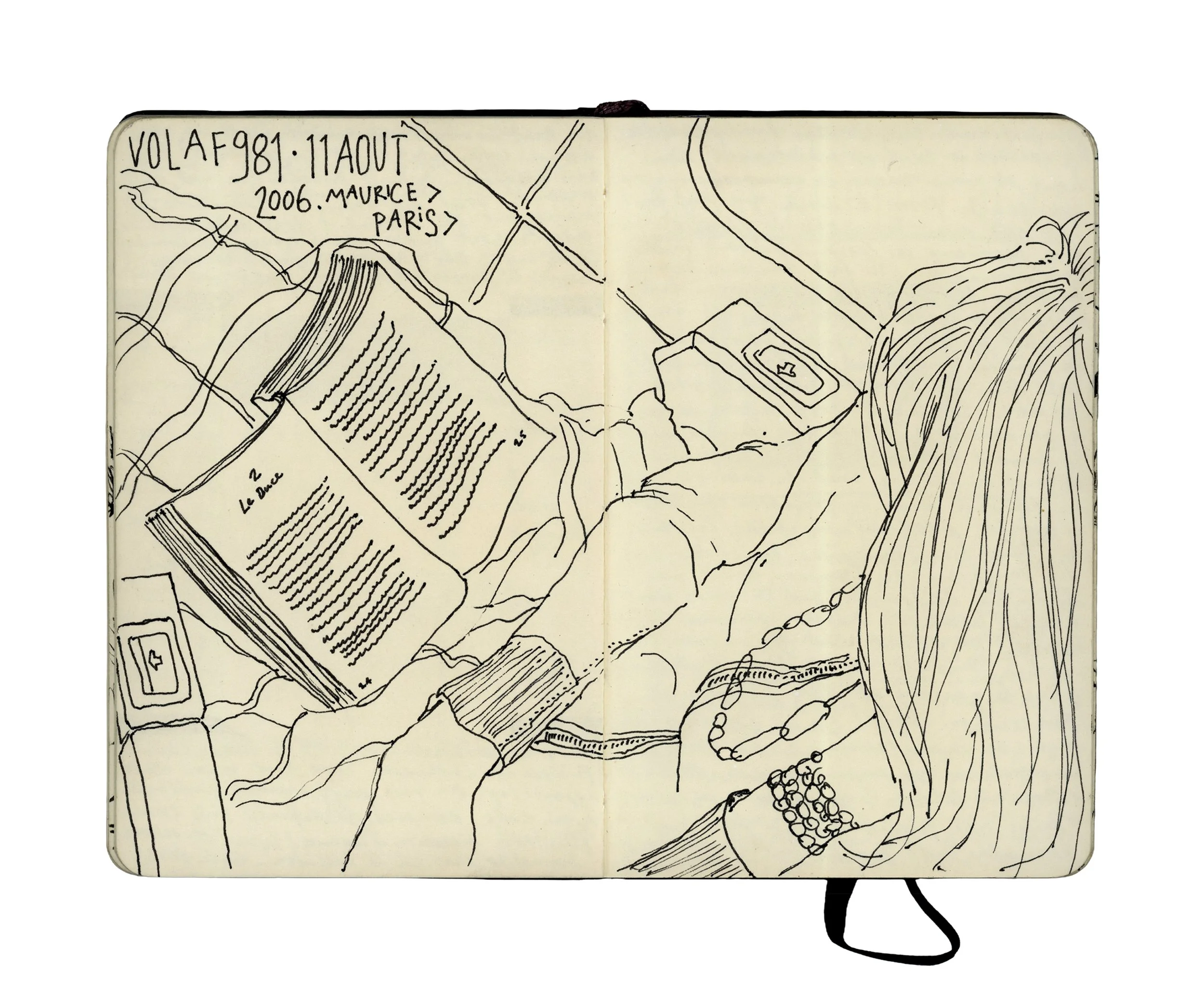 Sketch of a person reading a book, with a phone and accessories nearby, focusing on the individual's arm and hair.