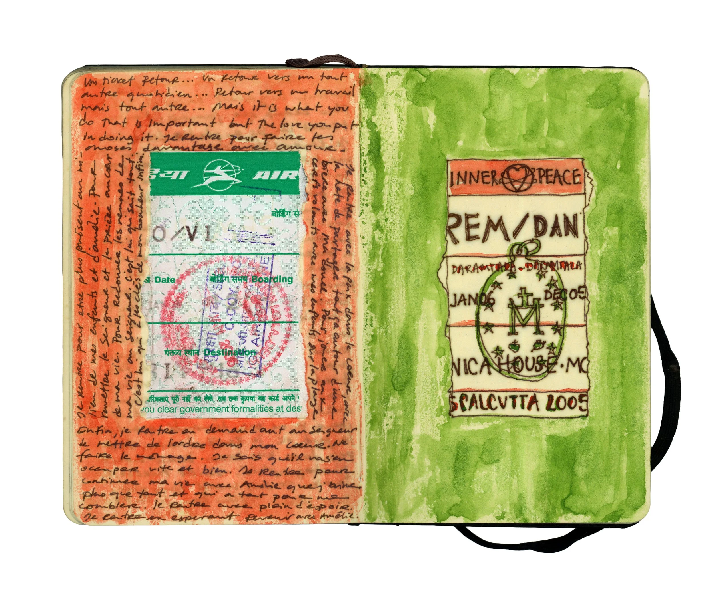 A travel journal with handwritten text, a boarding pass, and illustrations on a green and orange watercolor background.