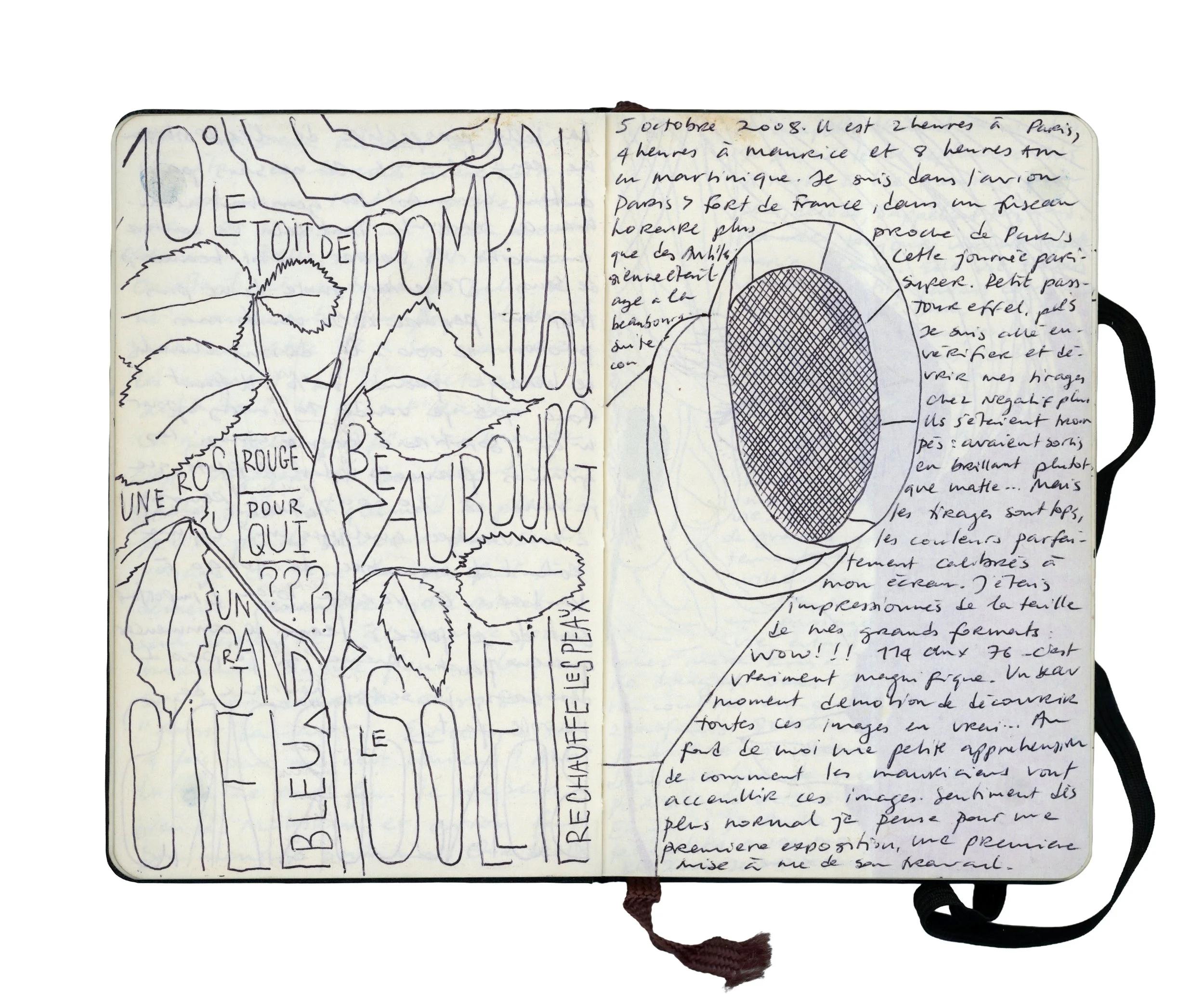 Handwritten journal pages with French text, sketches of leaves, and a coffee cup with a saucer.