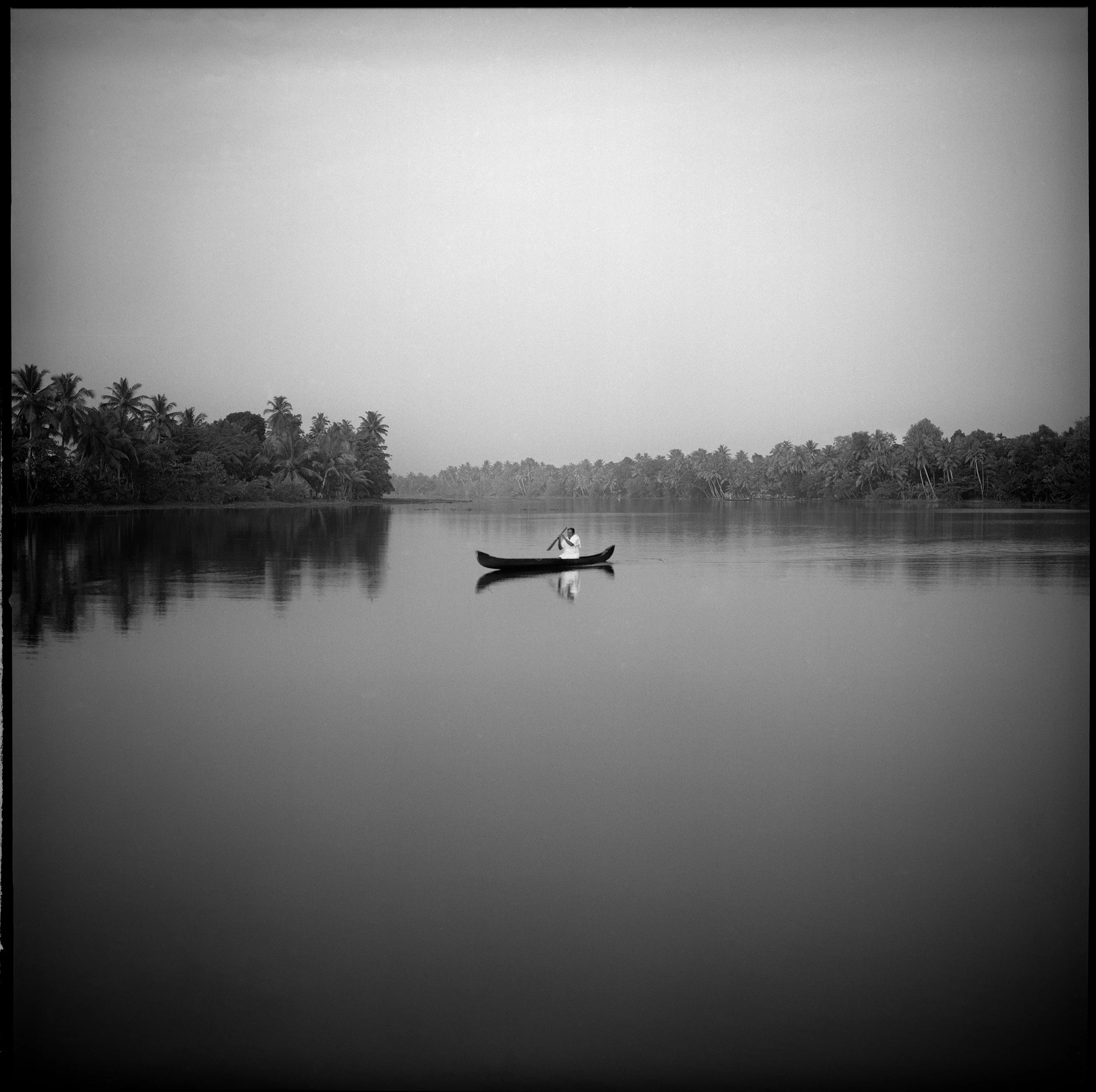 In Kerala backwaters, Black and white photo of a person in a small boat on a calm river, surrounded by dense trees and palm trees along the riverbank.