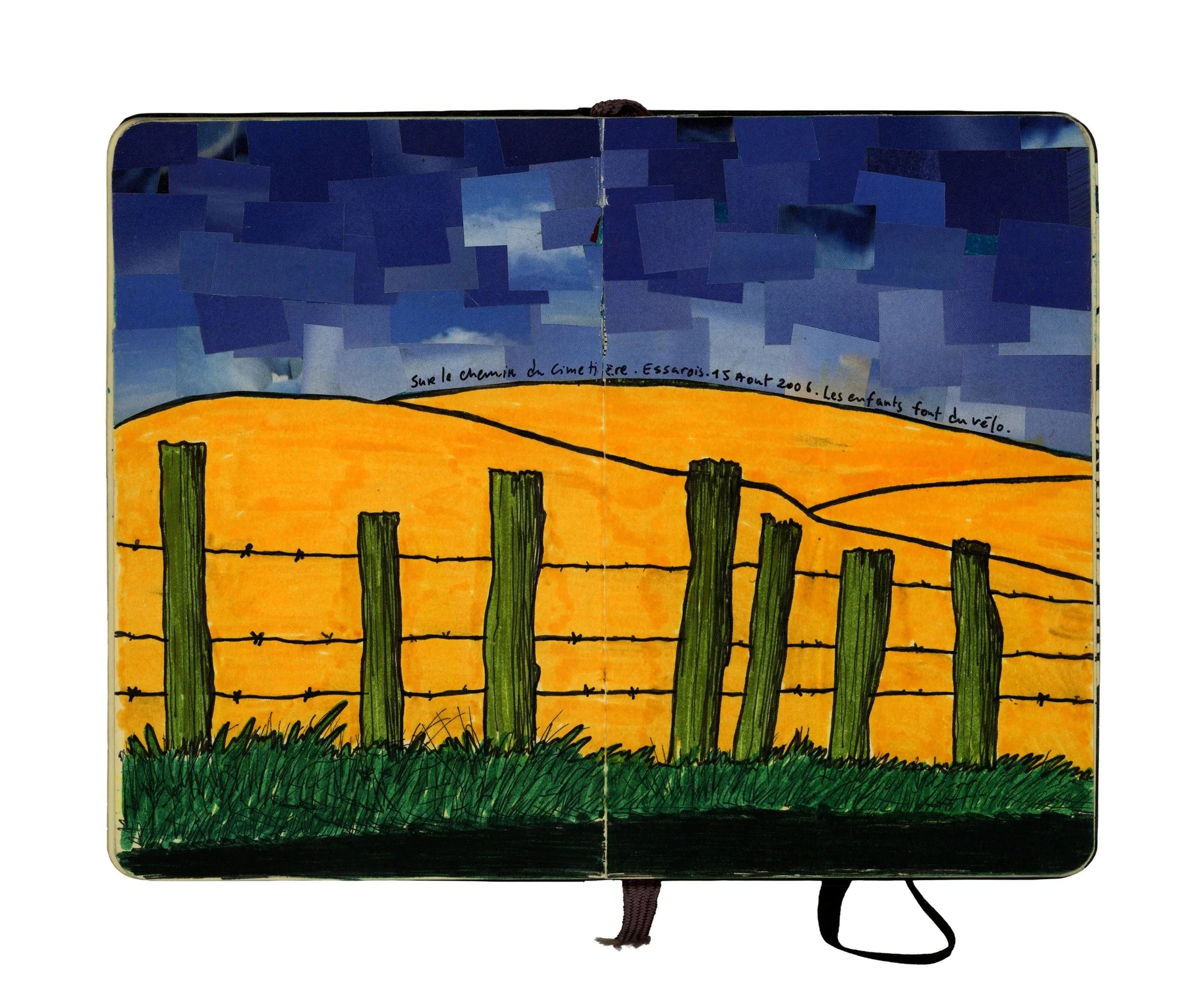 An illustrated open book showing a drawing of a yellow farm field with a wooden fence, green grass at the bottom, and a blue sky with clouds at the top. There is handwritten text in French across the sky.