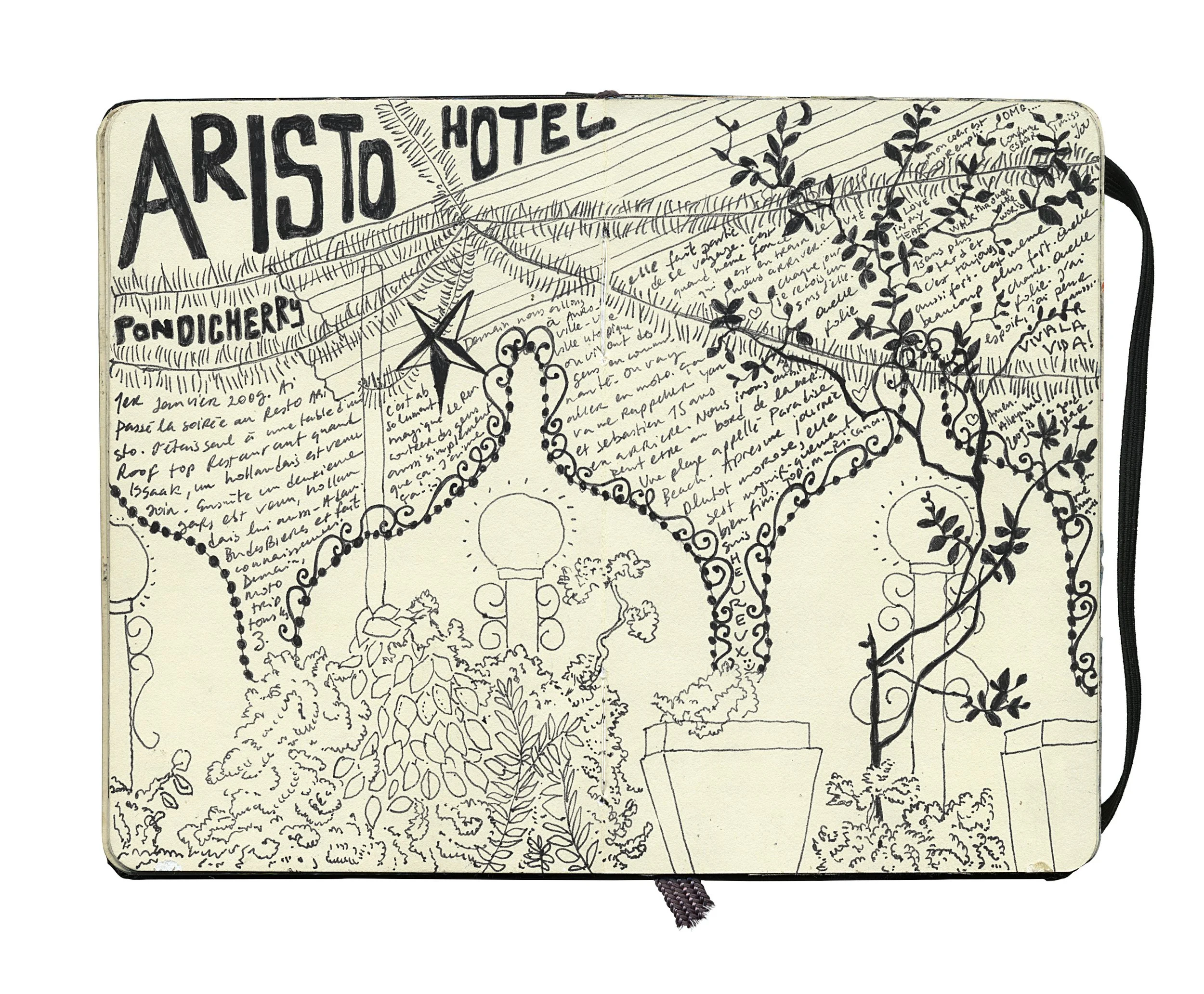 Black and white illustration of a sketchbook page with a detailed hand-drawn map titled 'Aristo Hotel,' highlighting locations like Pondicherry and various decorative elements like plants, lamps, and handwritten notes.