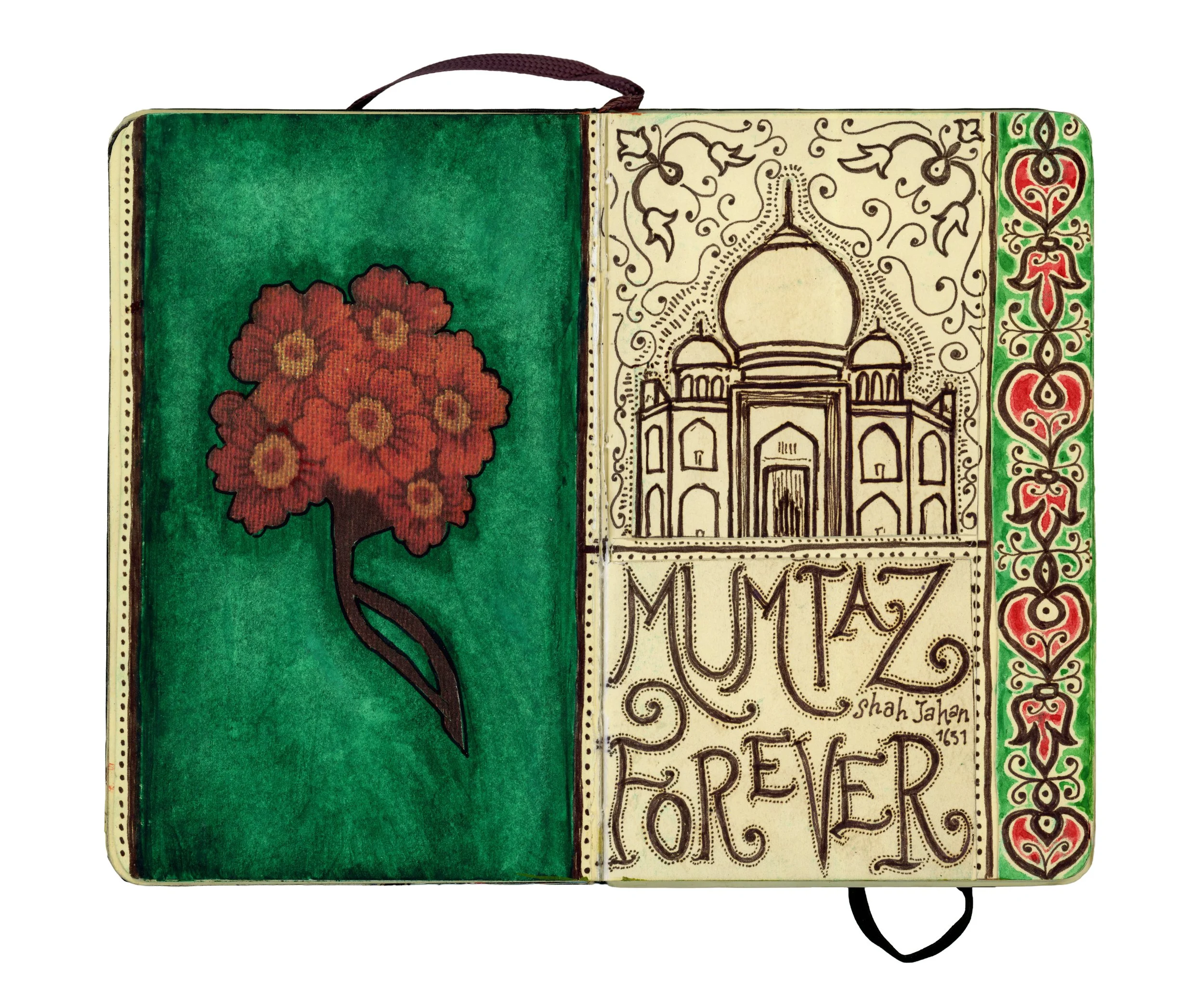 Open journal with colorful drawings and text. Left page shows a red flower tree on a green background. Right page features an illustration of the Taj Mahal, decorative borders, and the words 'MUMTAZ FOREVER' with the signature 'Shah Jahan 1651.'