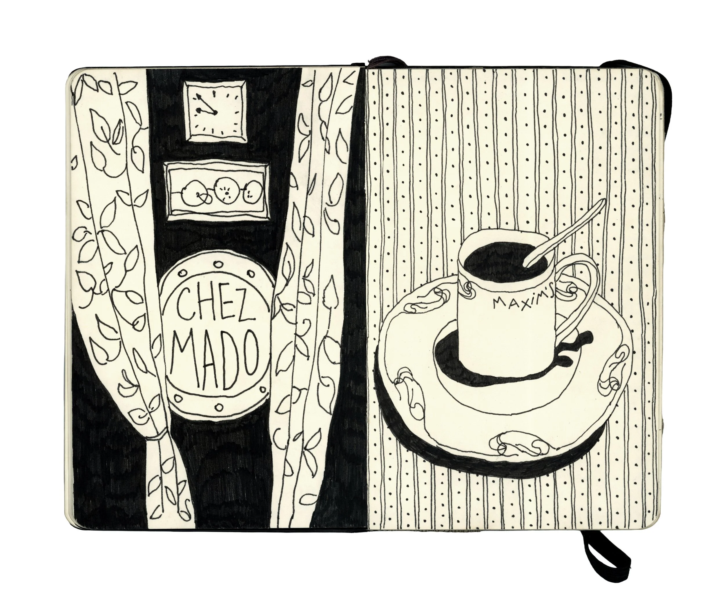 Black and white drawing of a table with a cup of coffee on a saucer, a spoon, a tea bag, and a book titled 'Chez Mado', with a striped background.