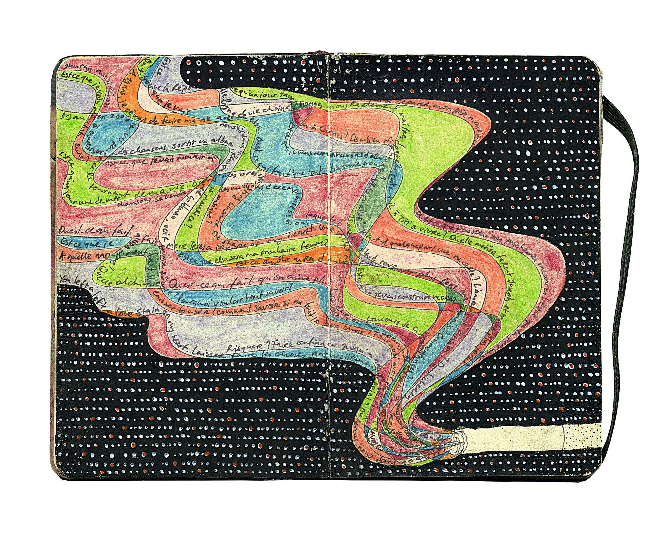 An illustrated open sketchbook with colorful ink illustrations of a smoking pipe and swirling smoke made of lip-written French text, and a dotted black background.