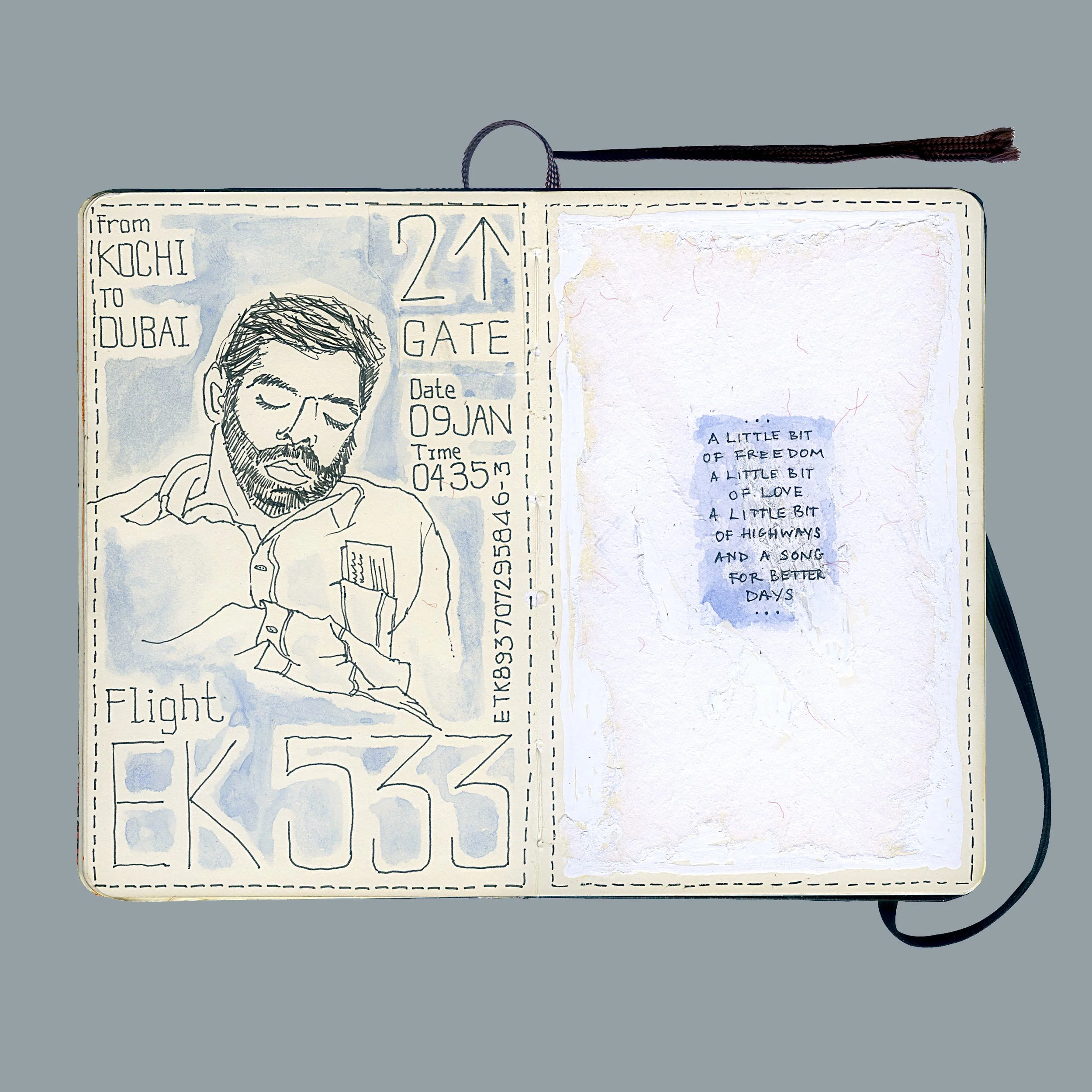 Sketch style illustration of a man looking at his phone on an airplane ticket, with details like flight number, date, and time; background is light blue with a textured, handwritten note on the opposite page.