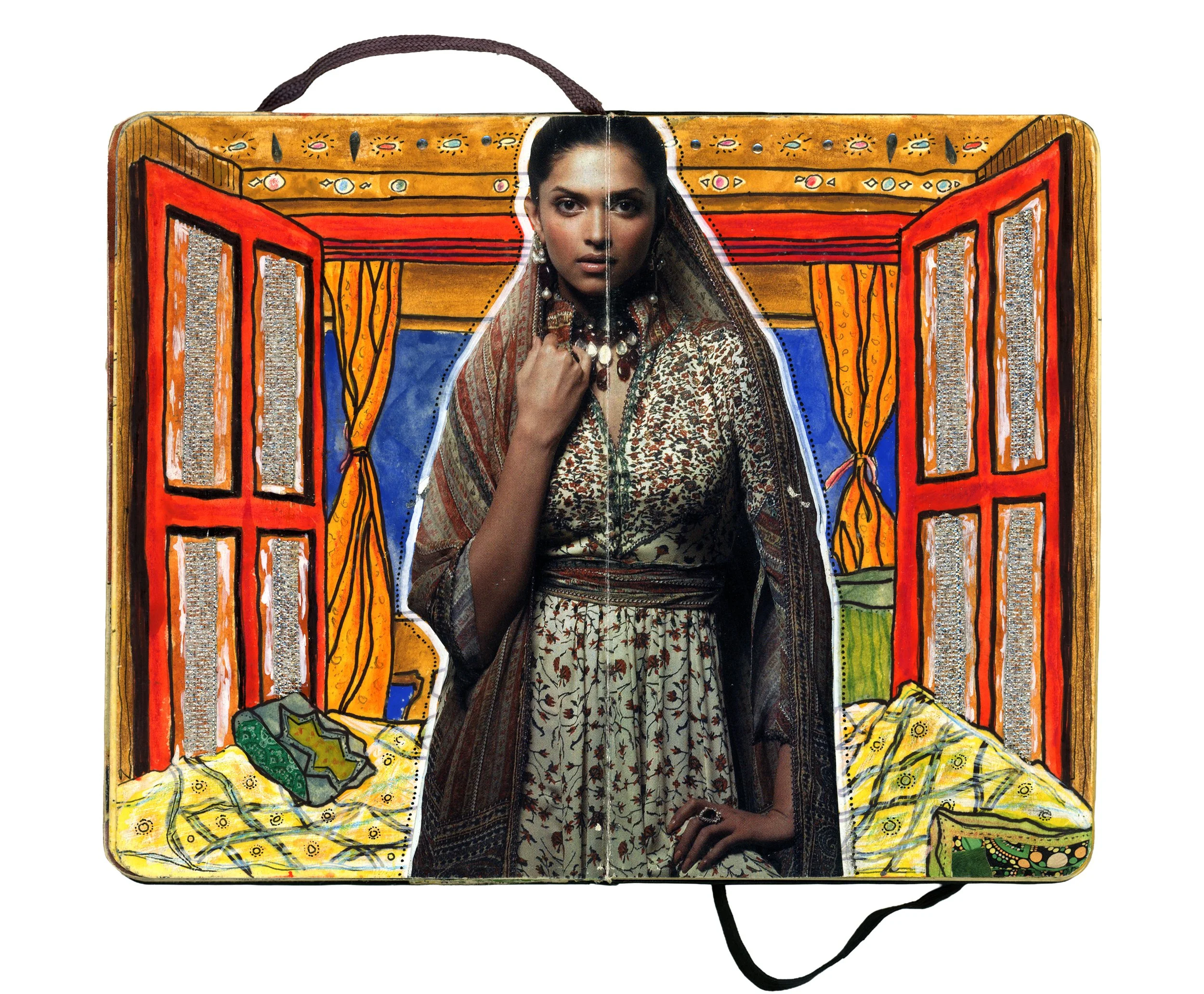 A notebook with an illustration of a woman dressed in traditional attire, standing in front of a painted backdrop of a colorful room with open windows and curtains.
