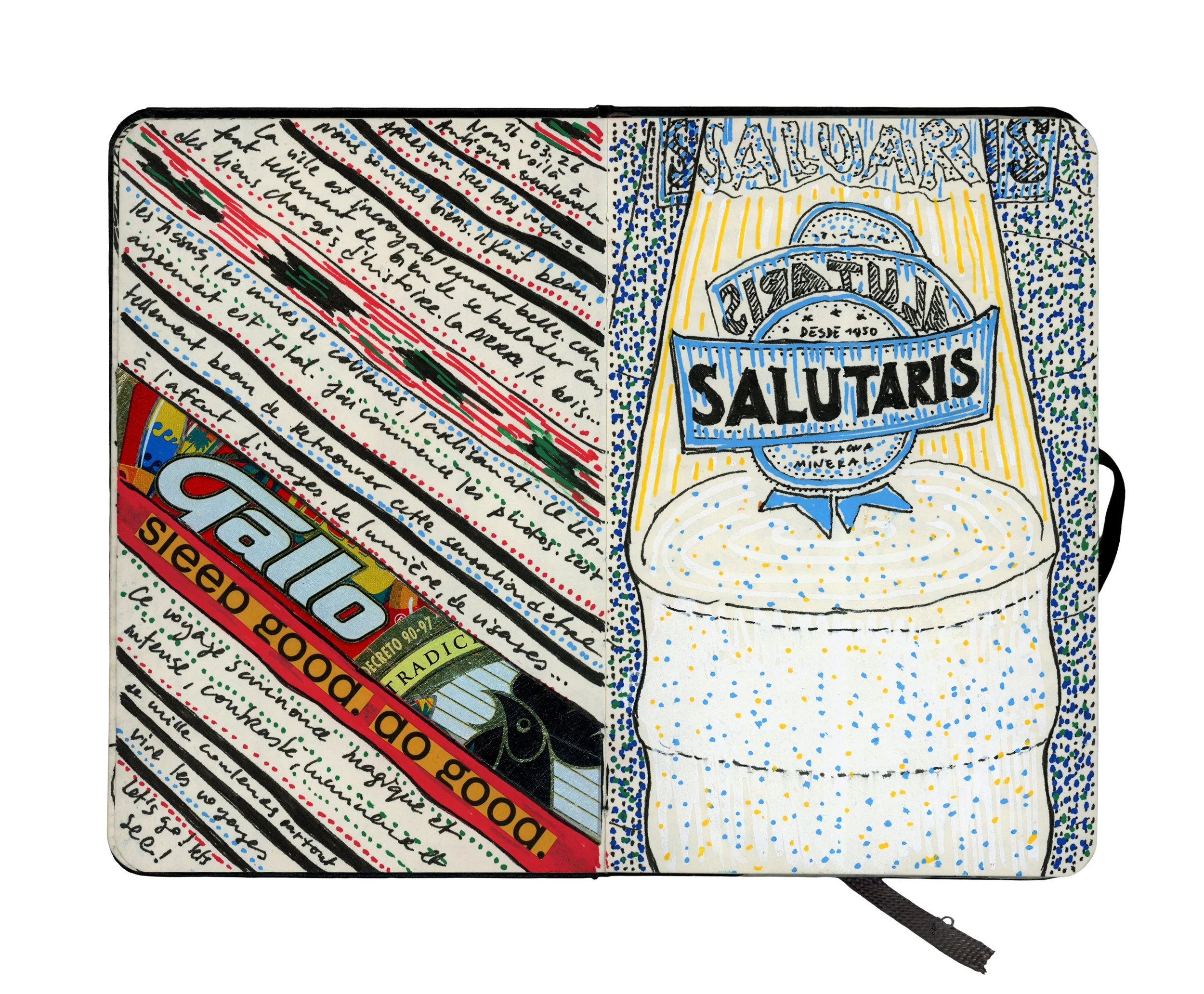 A colorful sketch of a notebook with handwritten notes on the left and a drawing of a Salvatris mineral water bottle label on the right, with the words 'sleep good. do good.' at the bottom.