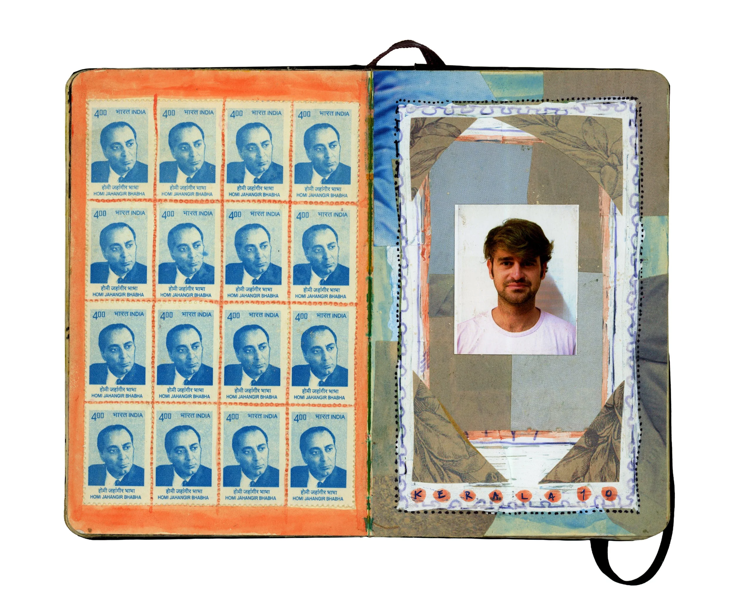 Open passport with multiple blue Indian stamps on the left page and a passport photo of a man on the right page, with the name 'KERAL 1.0' written at the bottom.