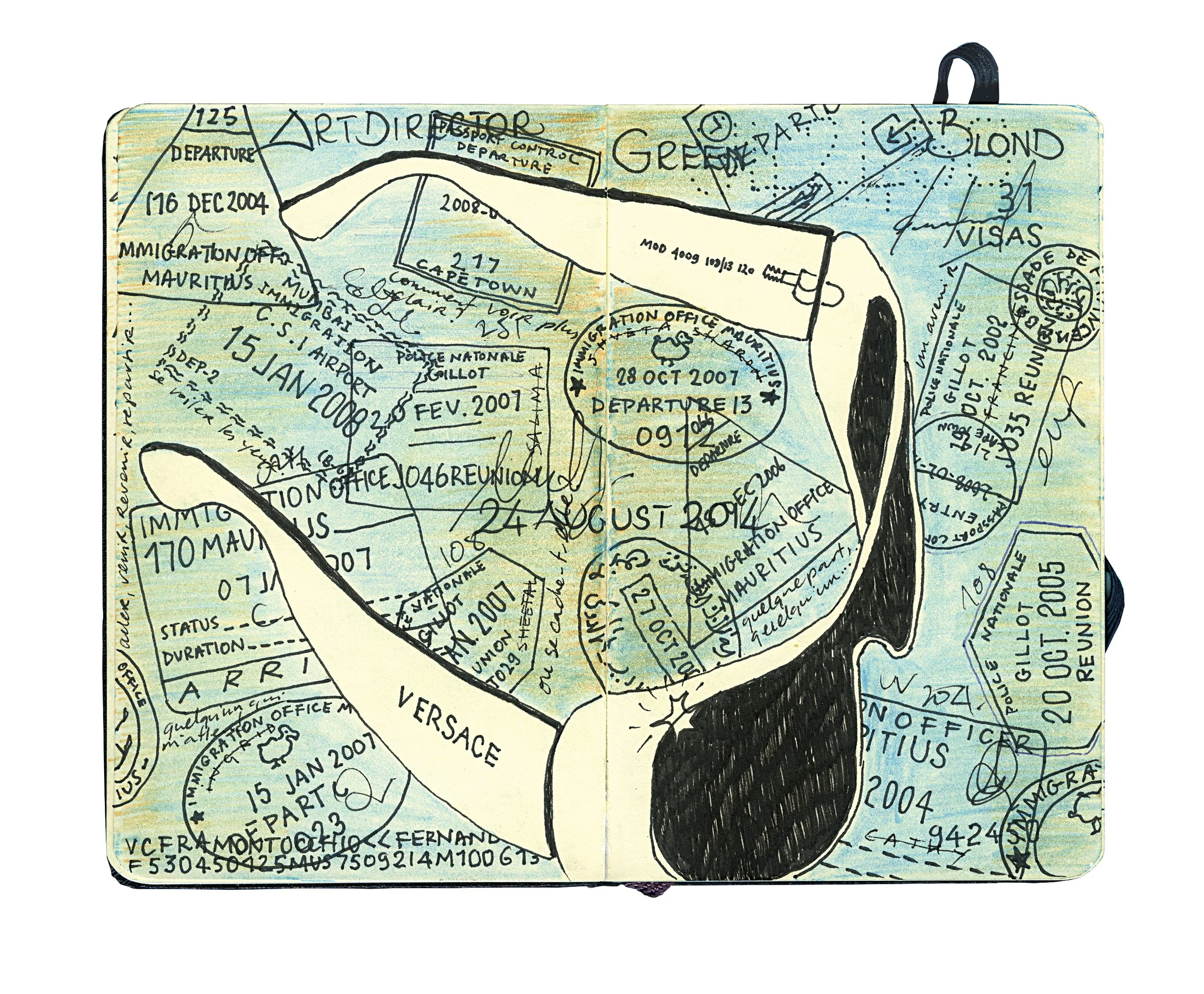 A hand-drawn illustration of a person's face wearing glasses, with travel documents and stamps overlaid, including passport stamps, visa stamps, and handwritten notes.