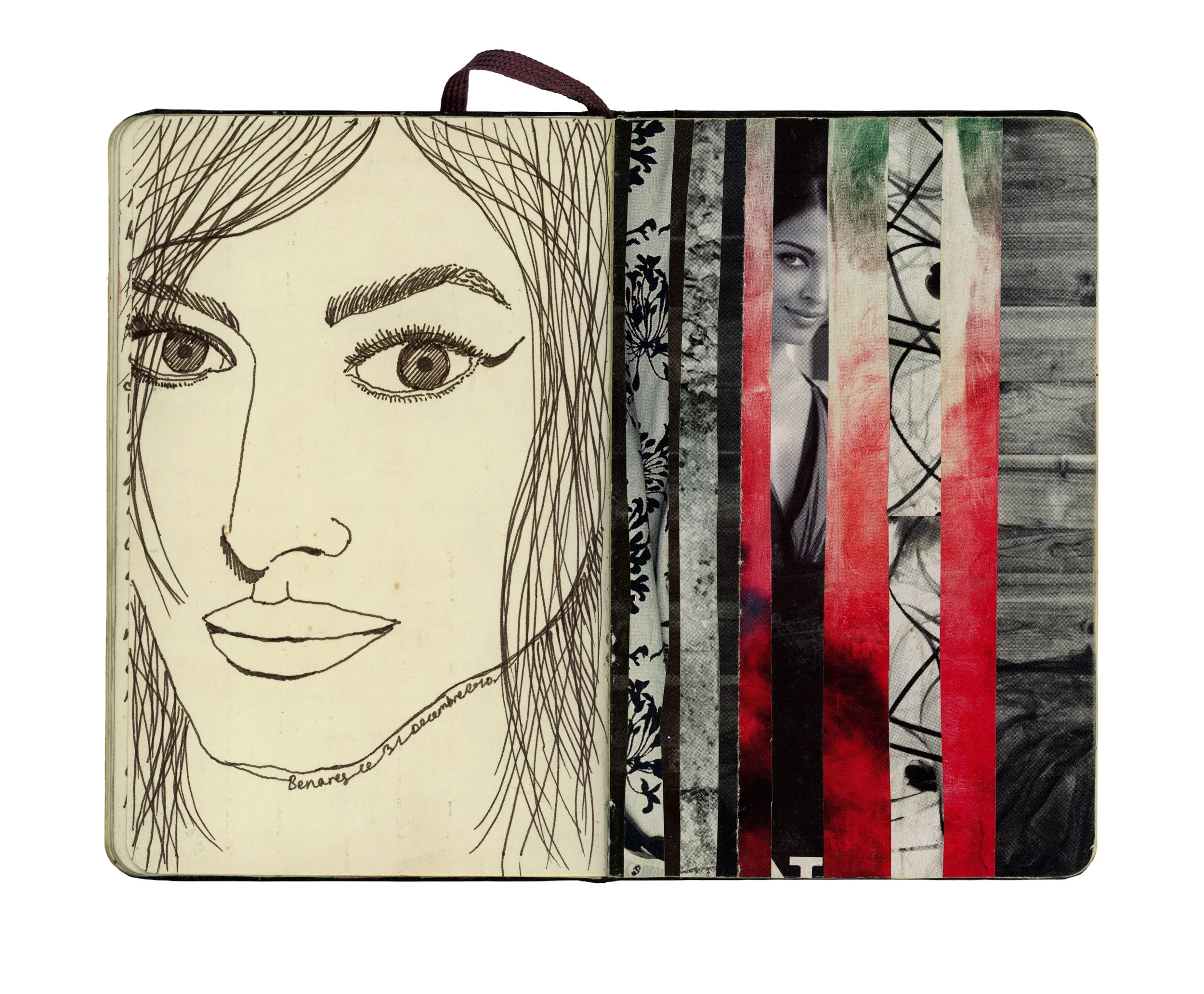 An open sketchbook with a line drawing of a woman's face on the left page and a collage of striped paper and a black-and-white photo of a woman on the right page.