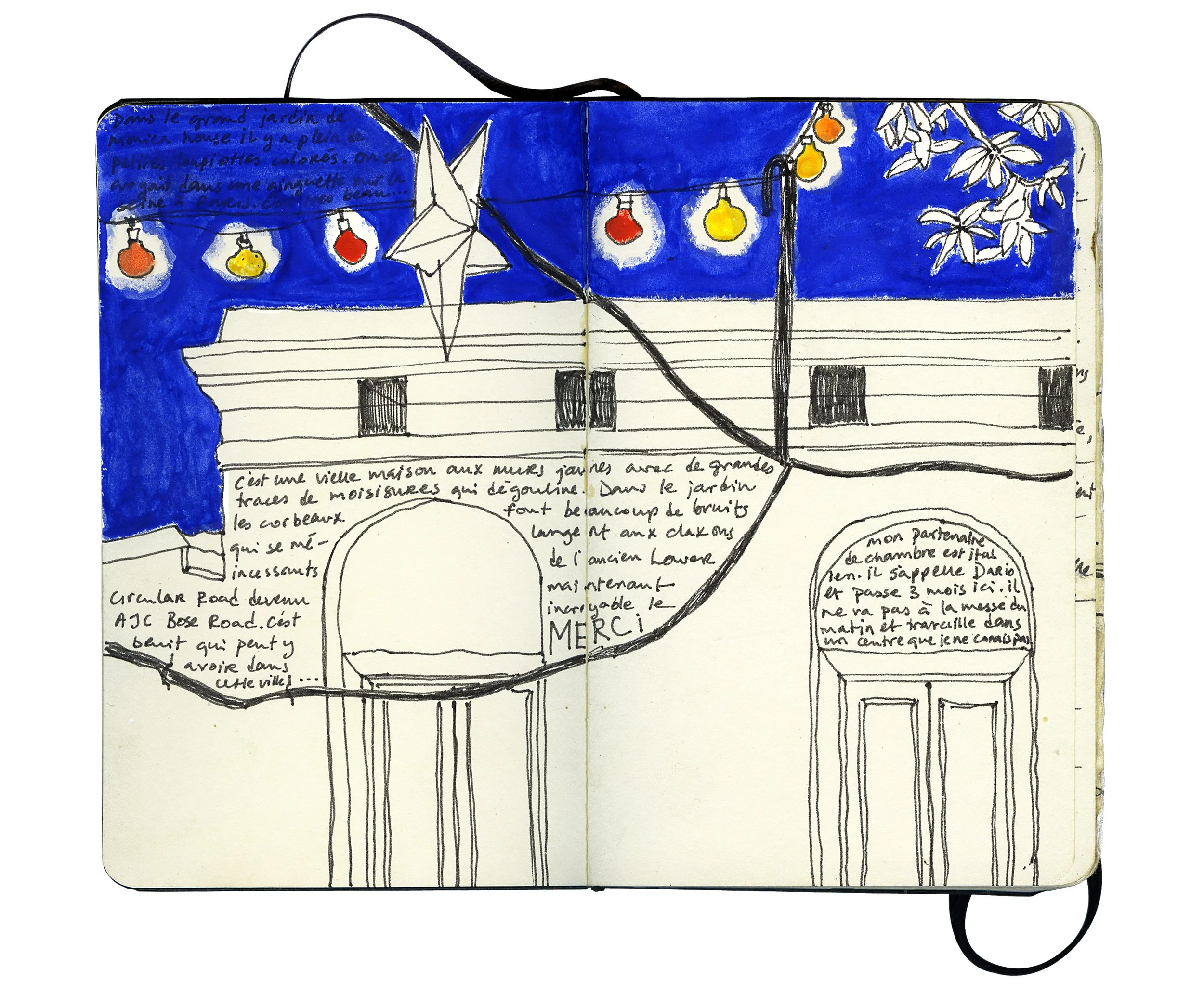 Hand-drawn sketch of a house with string lights overhead, a cityscape with a sunset in a circle, and handwritten notes in French.