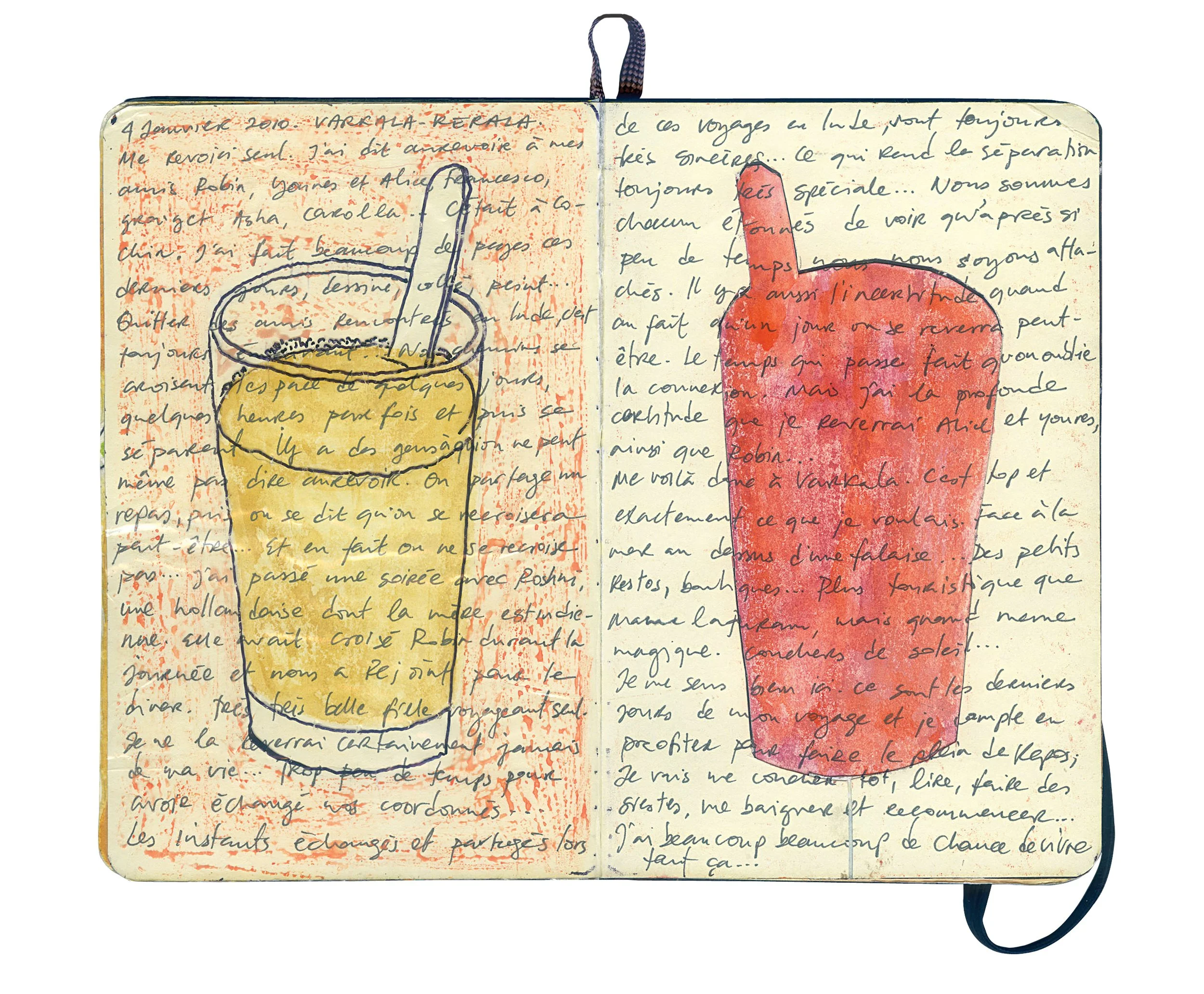 A handwritten journal or notebook page with illustrations of a cup of tea and a paintbrush painted over the text. The text is in French, with red and yellow highlighting.