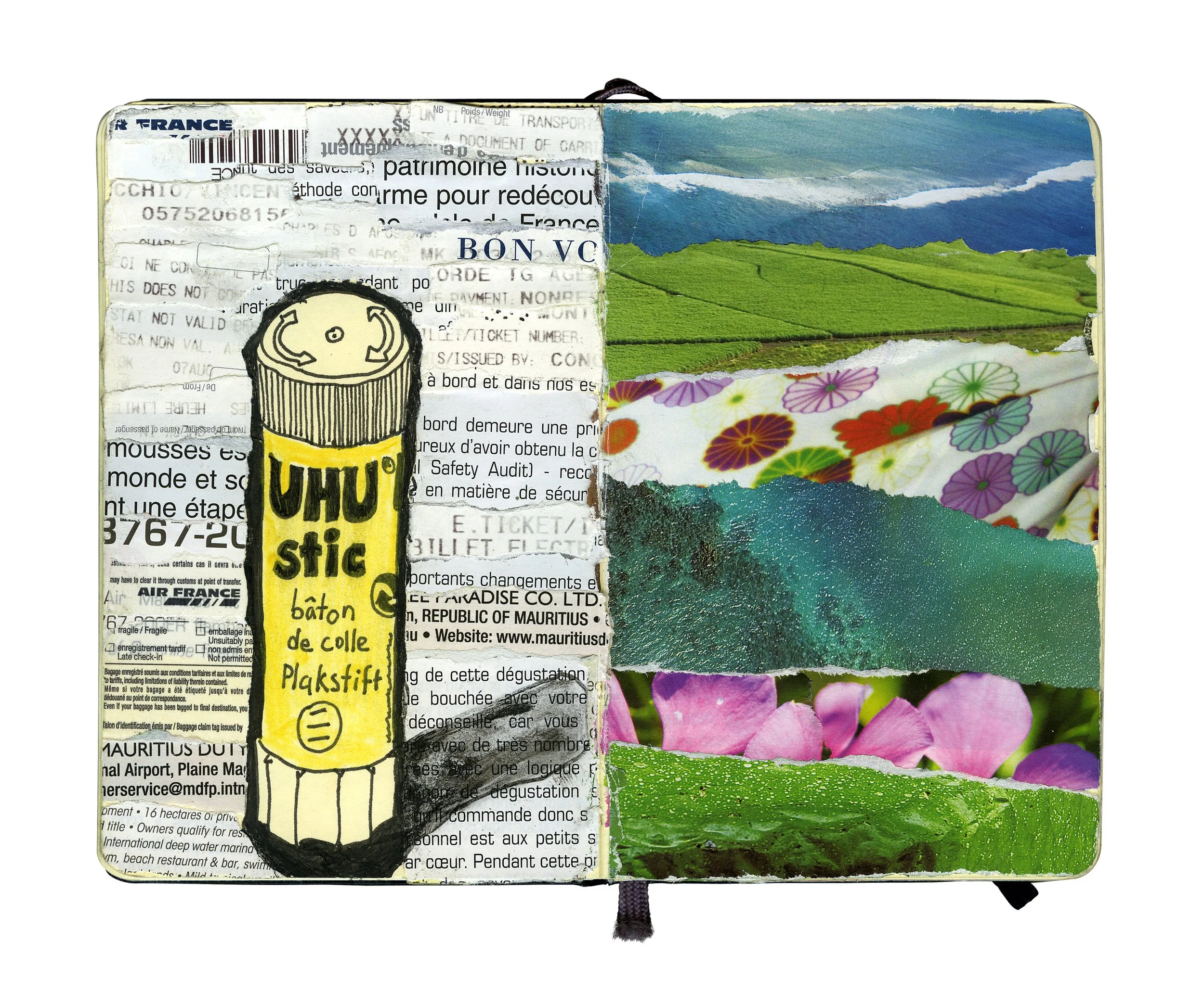 Collage of torn paper, landscape, and floral photographs with a sketch of a glue stick labeled in French and English, on an artistic notebook background.