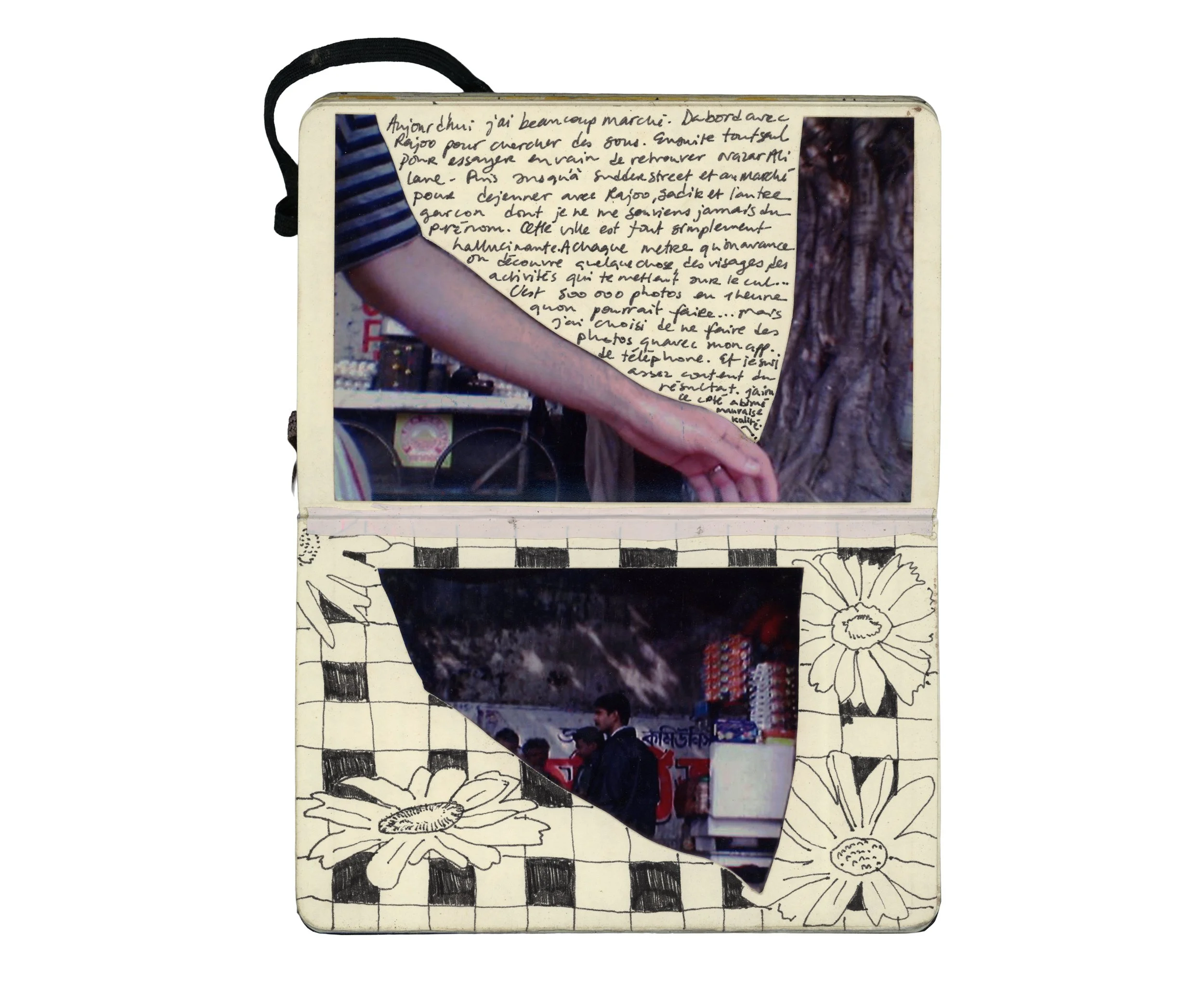 A collage of a mirror with handwritten notes on top, a drawing of daisies on the bottom, and the mirror reflecting a street scene with a person wearing a striped shirt and a tree in the background.